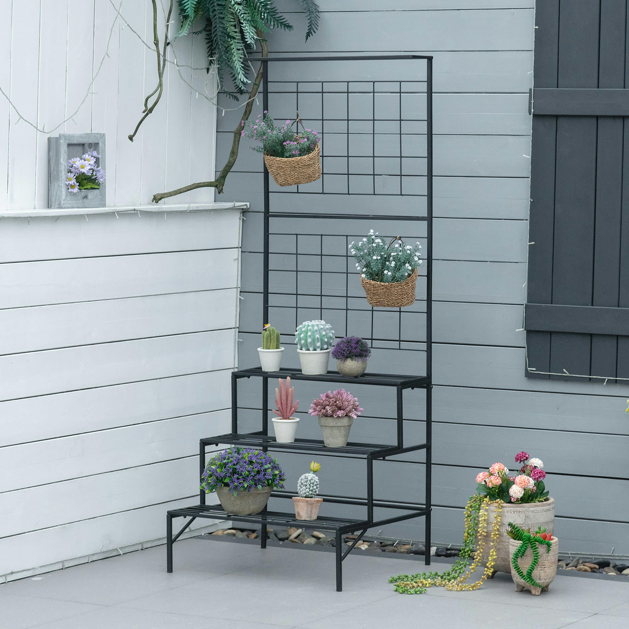 - Support pour plantes avec treillis et 3 étagères escalier métal noir