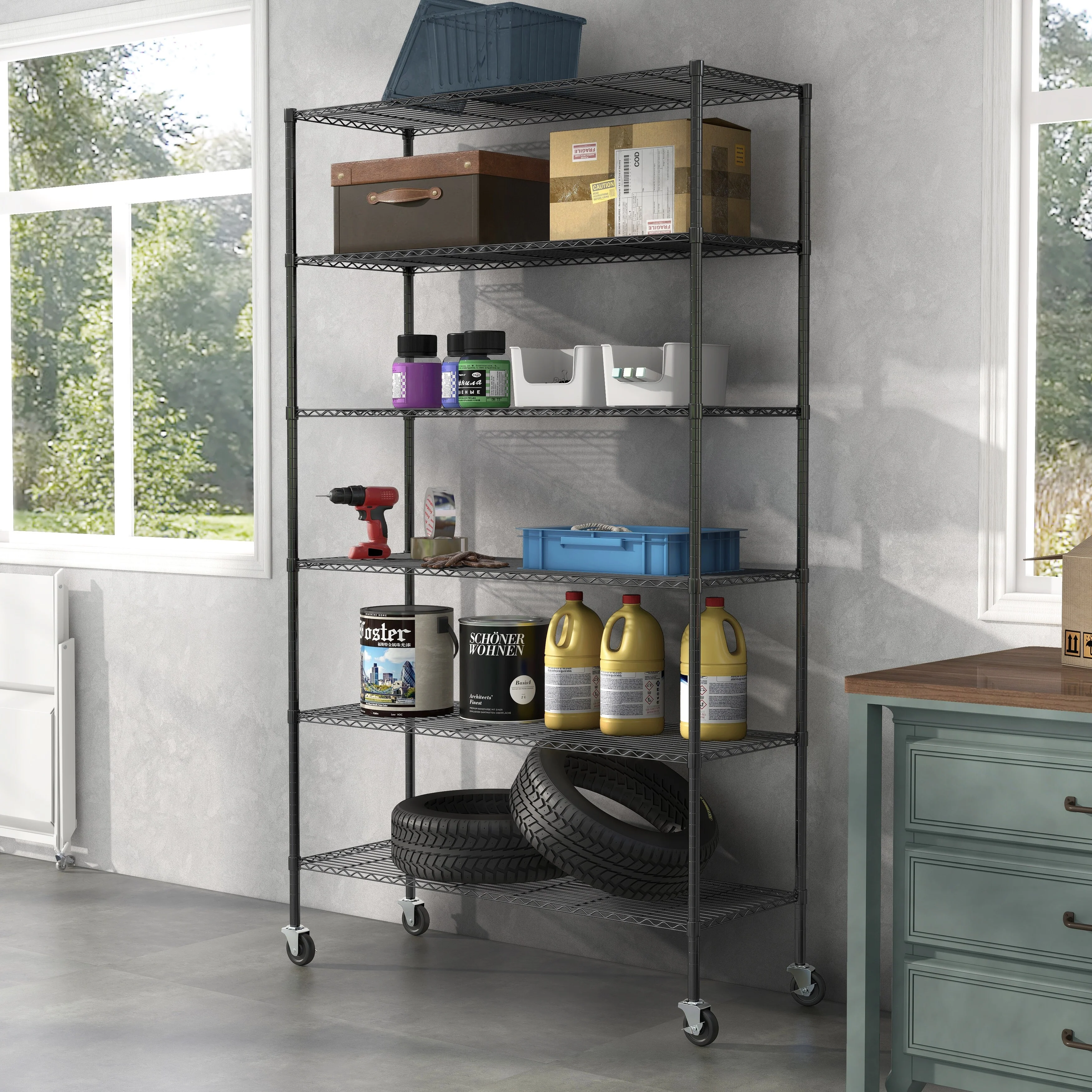 Furniture of America 6-Tier Heavy Duty Wire Shelving Rack, 48 x 18 x 82 NSF Certified, Includes Wheels, Black