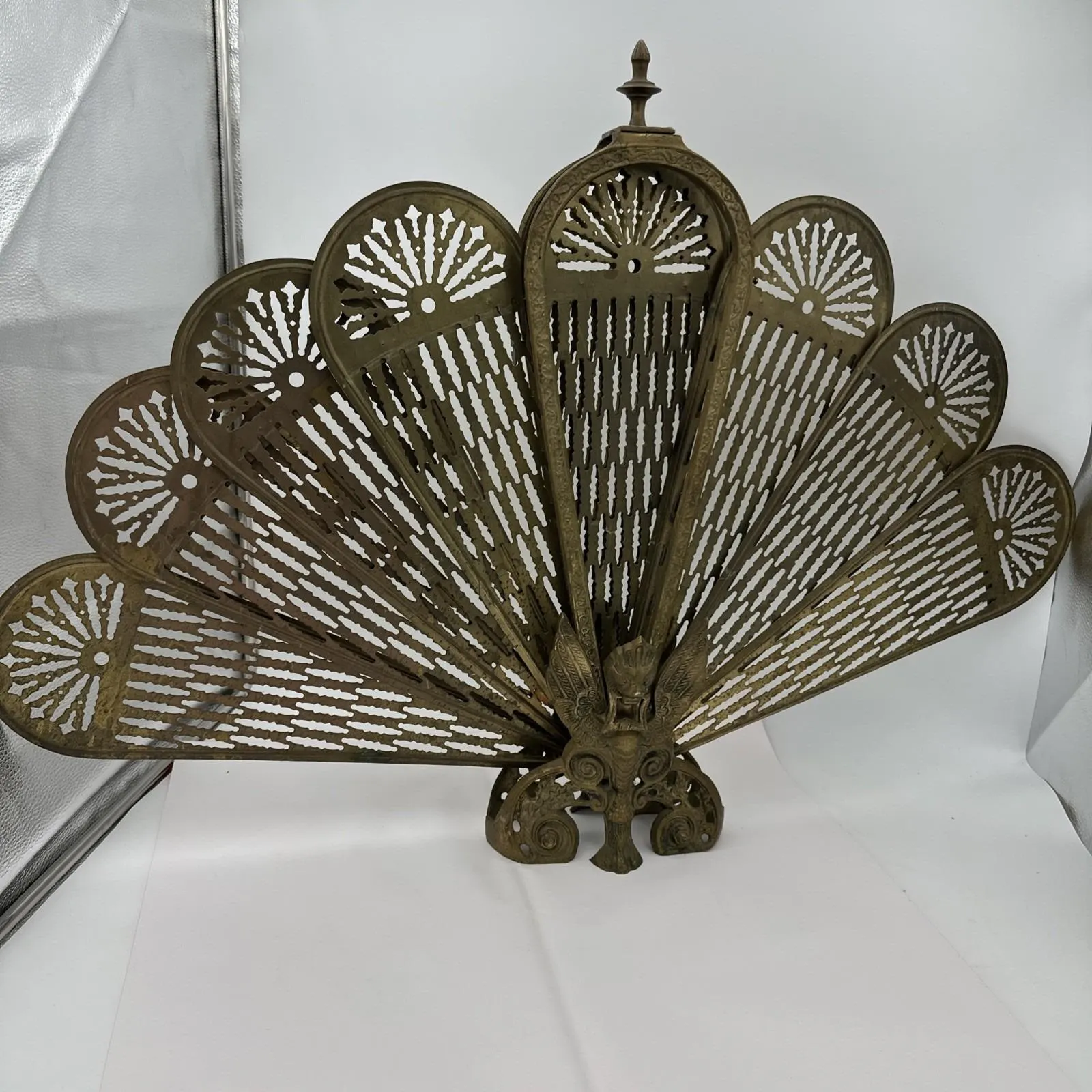 Vintage Brass Peacock Fireplace Screen Retractable w/ Griffin Gargoyle EUC 36