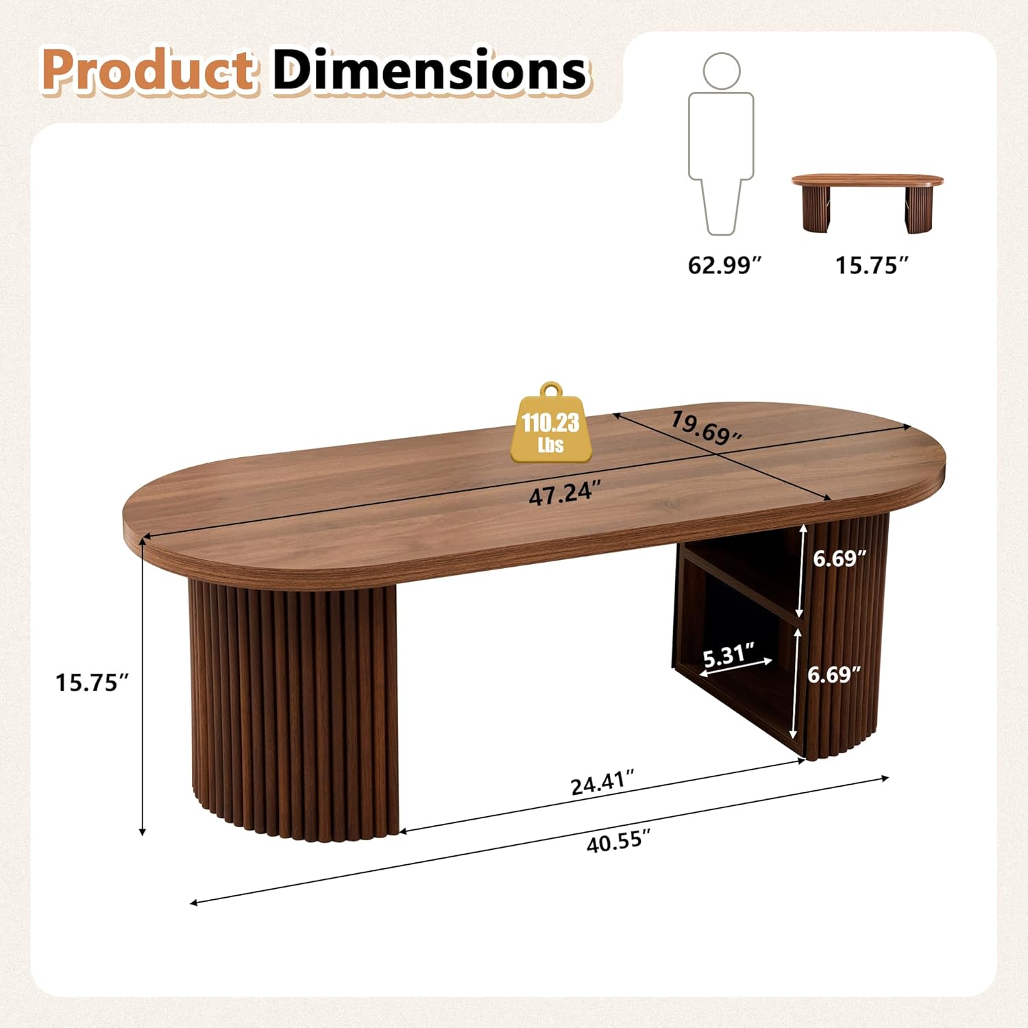 Oval Fluted Coffee Table, 47 Farmhouse Wood Coffee Table Mid Century Modern Center Table Boho Living Room Tables for Living Room Office,Walnut