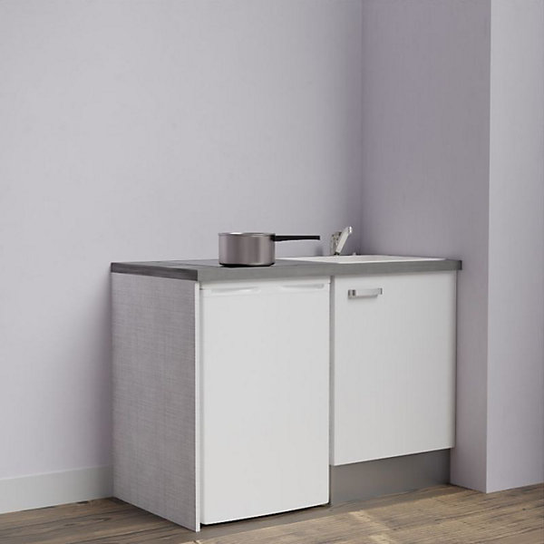 Kitchenette K08 - 120 cm - Façades : Blanc - Plan de travail : Gris béton - Crédences : Non - Evier Blanc