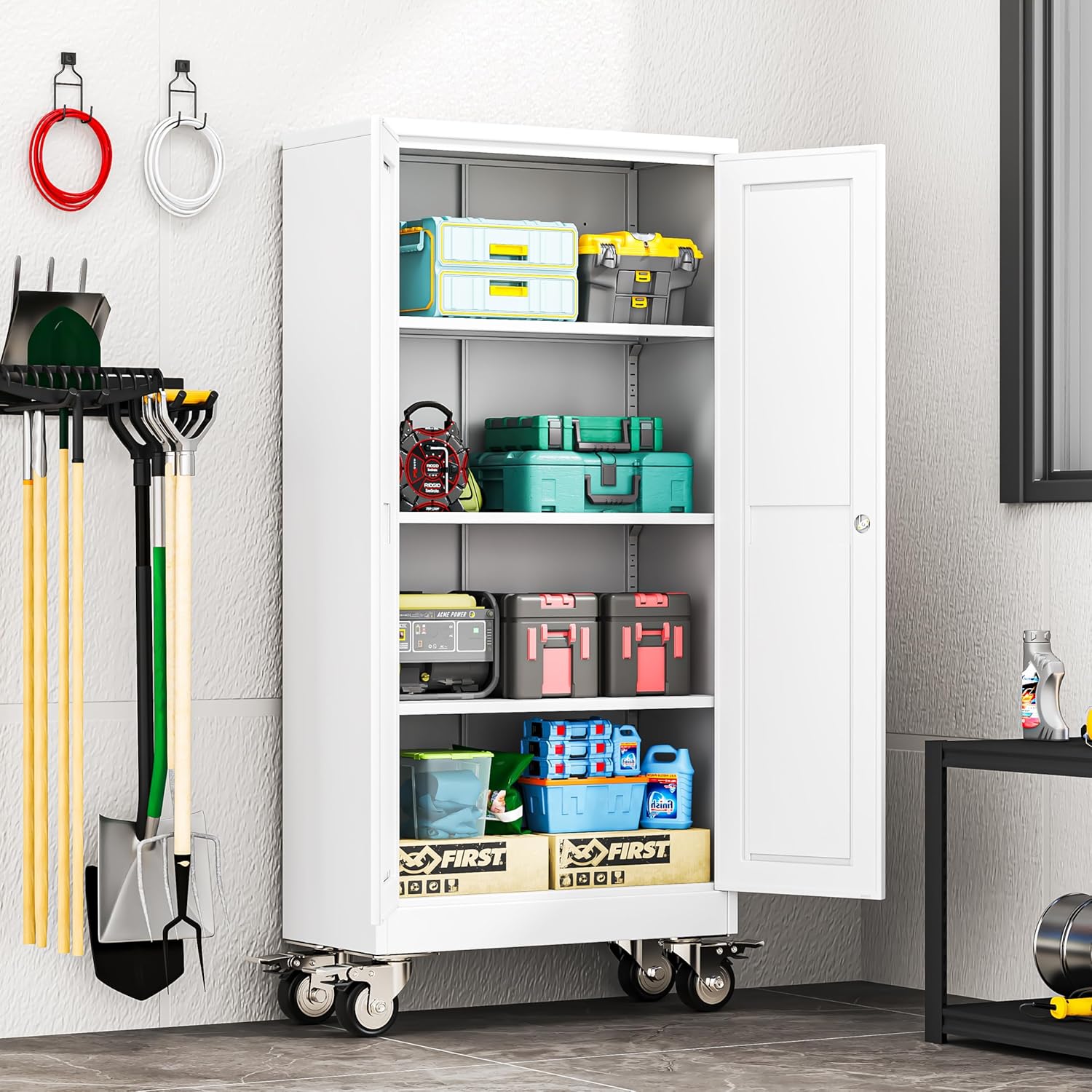 erosoei 61 H Metal Garage Storage Cabinet, Rolling Tool Cabinet with 2 Doors and Wheels, Locker Steel Cabinet with 3 Adjustable Shelves, Organization Cabinet for Garage,Office,Home,Gym,School（White）