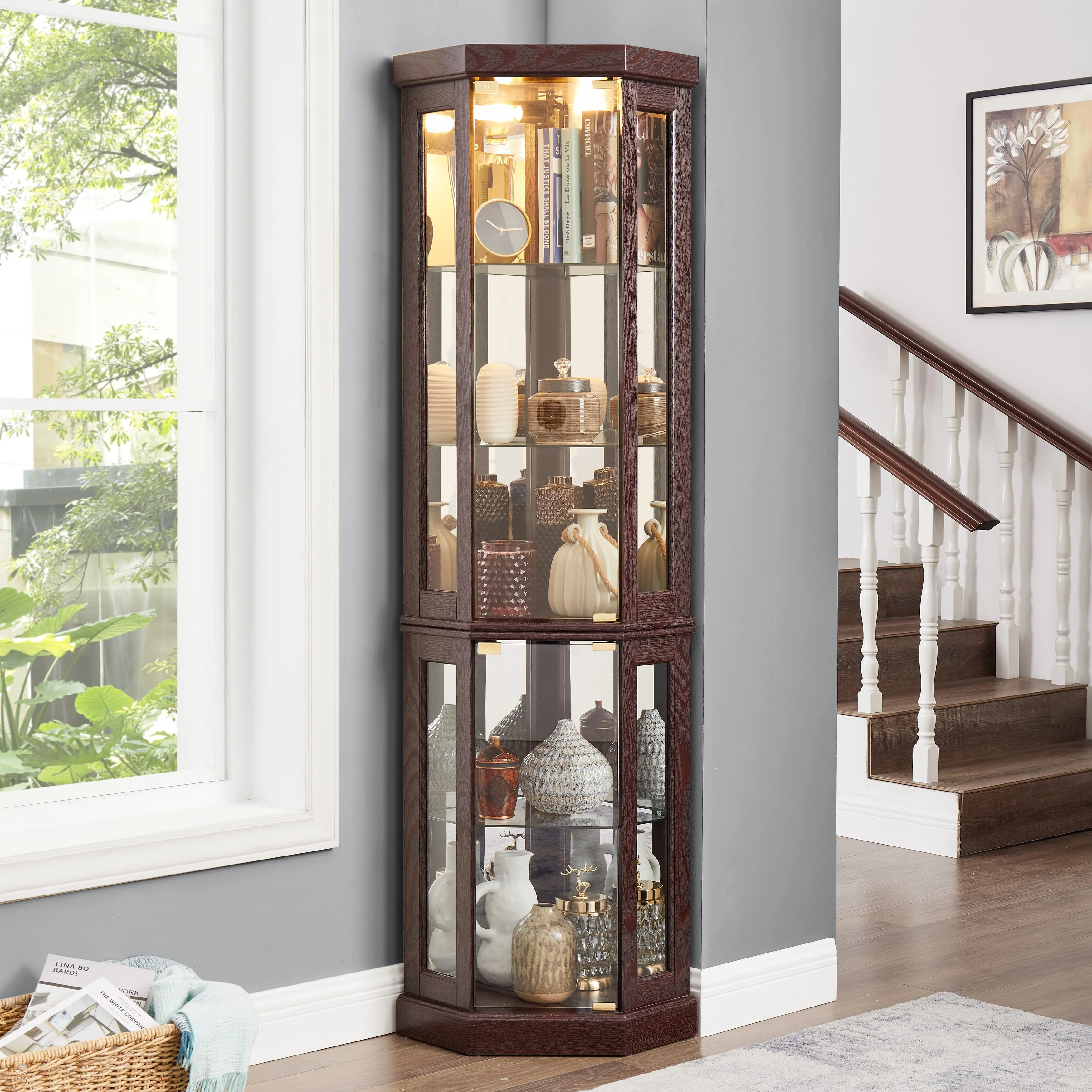 Corner Display Cabinet, Antique Collection with Glass Door, Shelves & Light