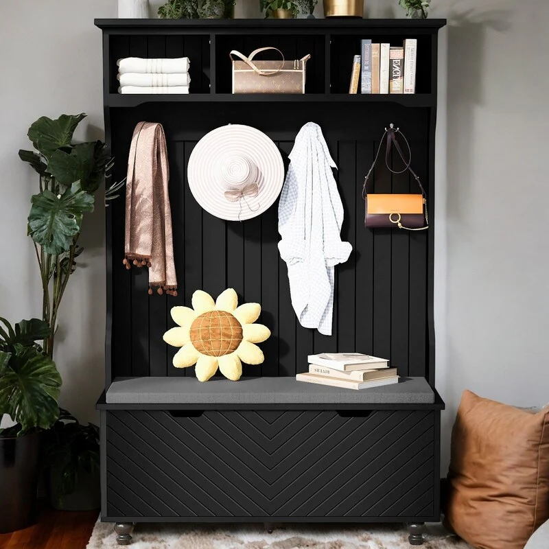 47.2'' Wide Storage Bench with Coat Rack and Cushion, 4-Sturdy Hooks Hall Tree with Shoe Storage for Hallway Entryway, Black