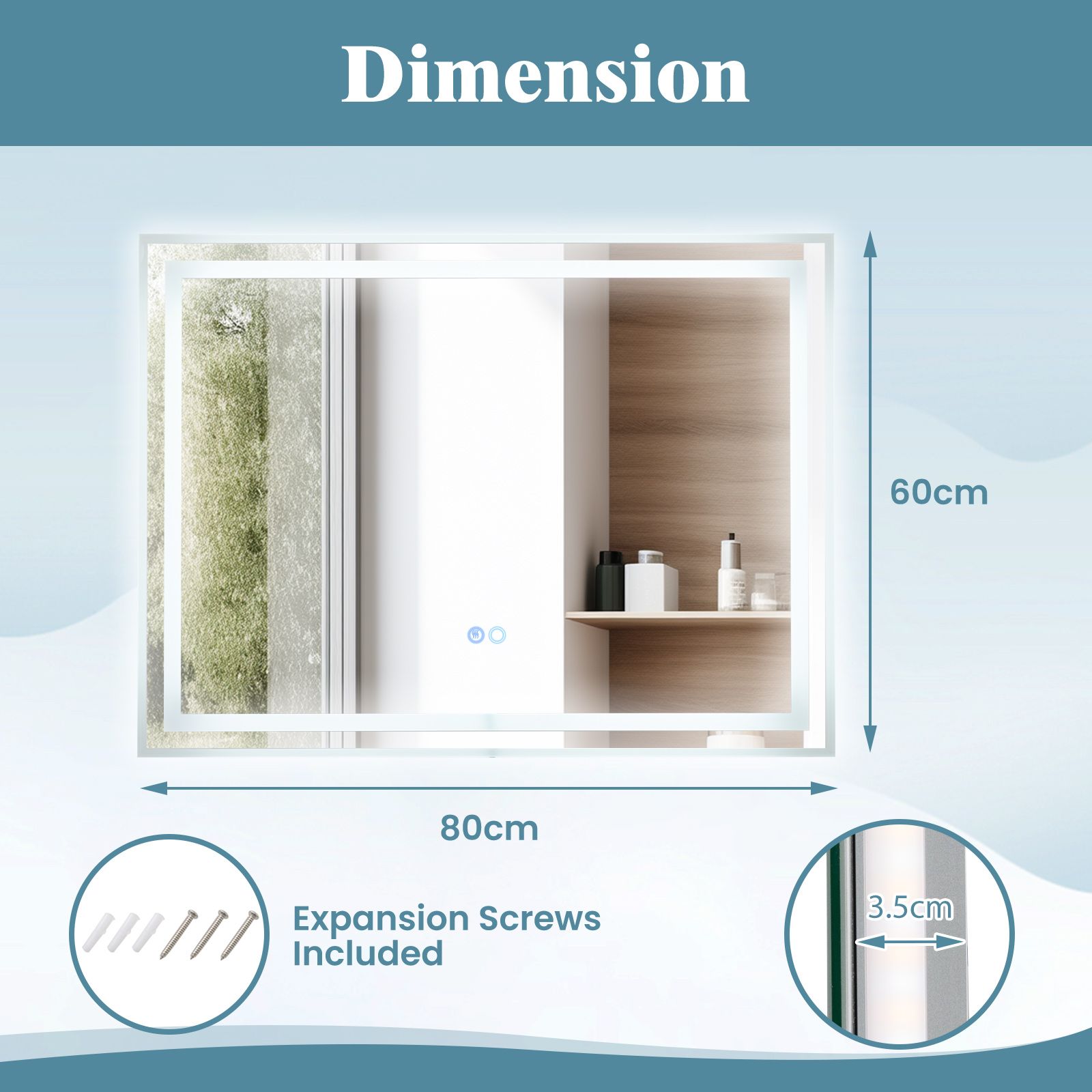 Costway 80 x 60 CM LED Bathroom Mirror Wall Mounted Mirror w/3-Color Lights