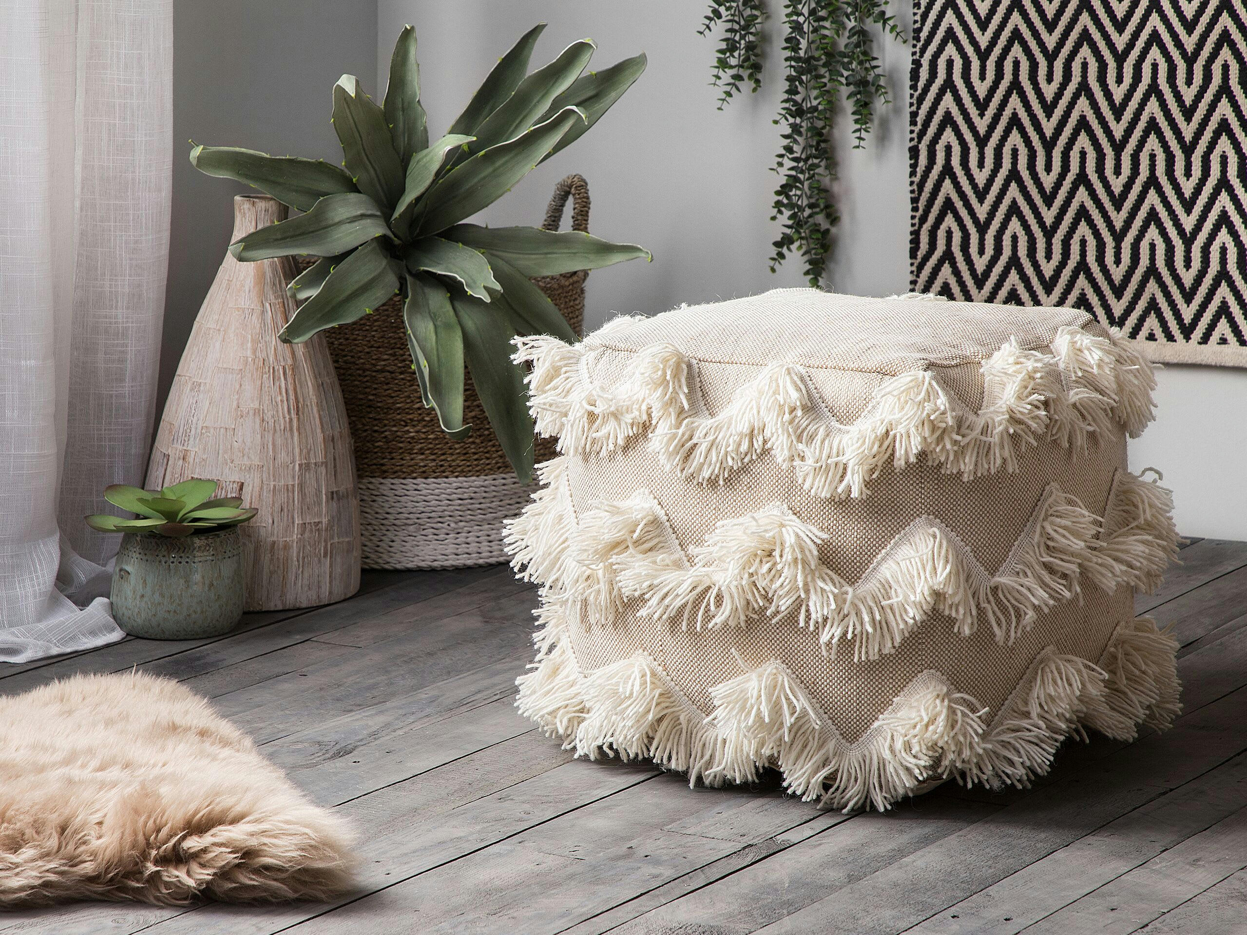 NASHIK - Pouf en laine et coton beige 44 x 45 cm
