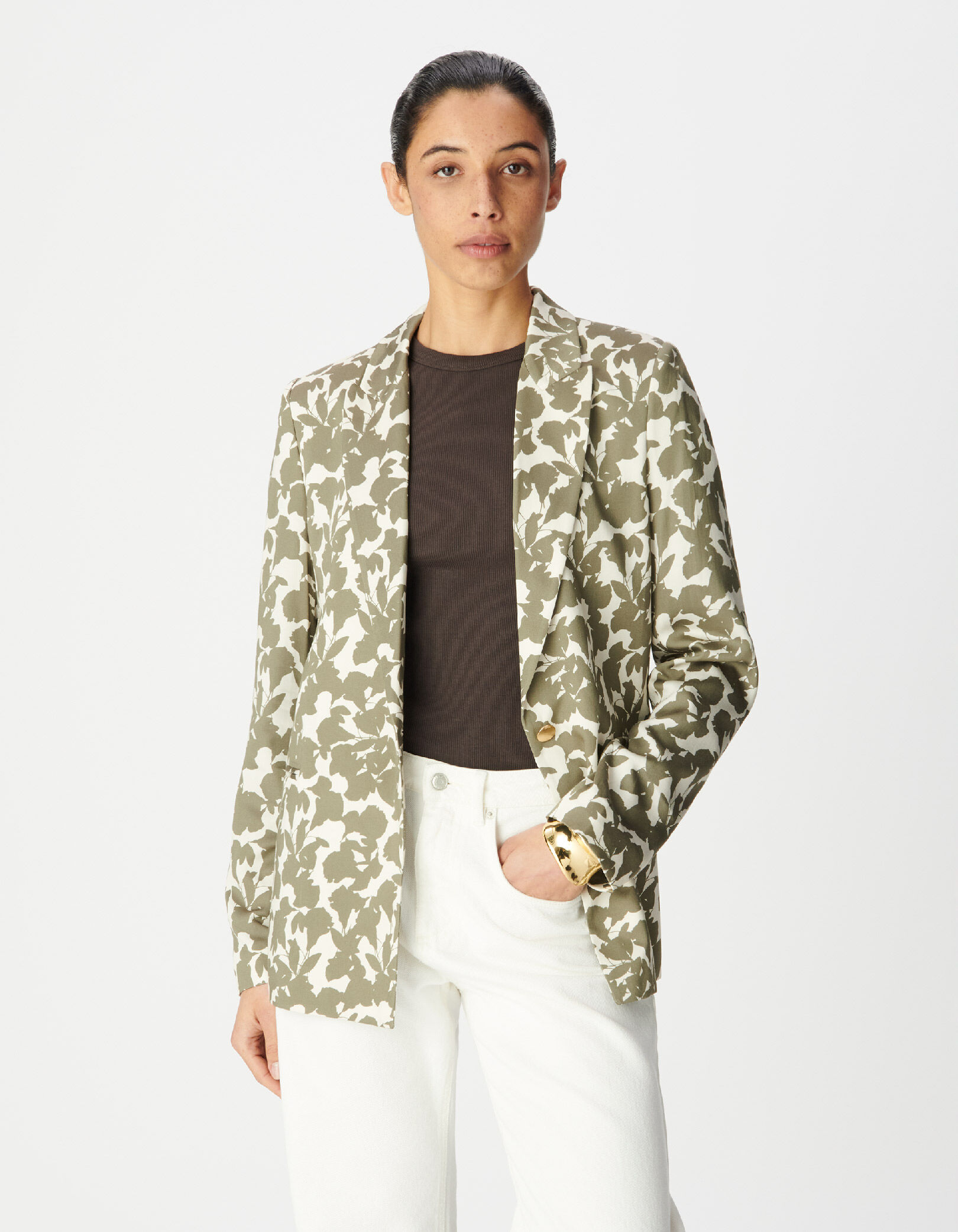 Veste de tailleur kaki imprimé végétal Femme