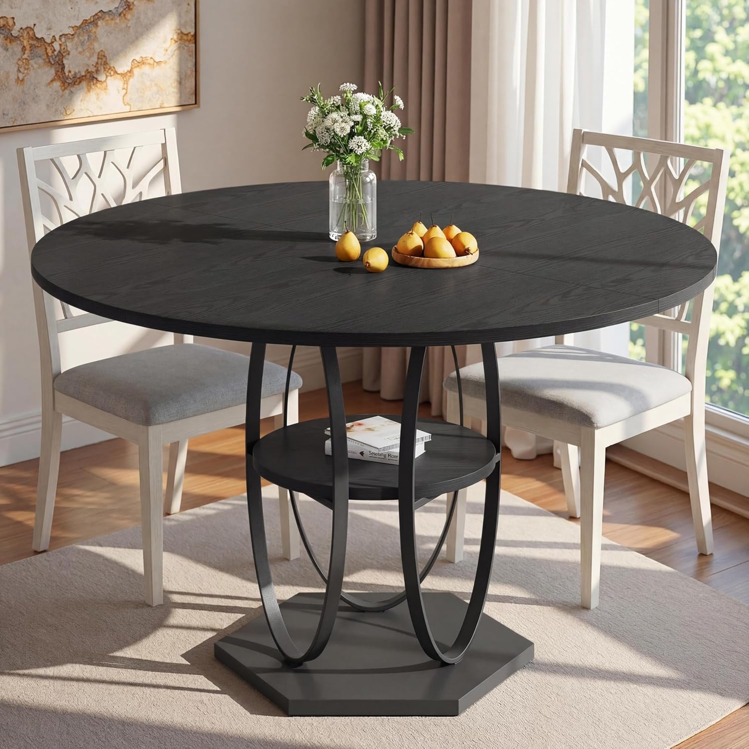 47.2 Black Round Dining Table for 4-6, Circle Kitchen Table with Open Storage Shelf, Modern Wooden Dinner Table with Metal Pedestal Base, Dining Room Tables for Kitchen Small Space