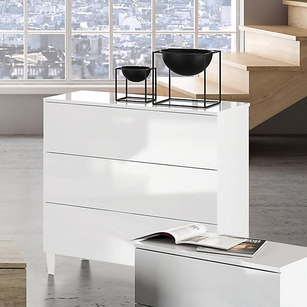 Commode en bois coloris blanc brillant avec 3 tiroirs - Dim : 76 x 80 x 40 cm