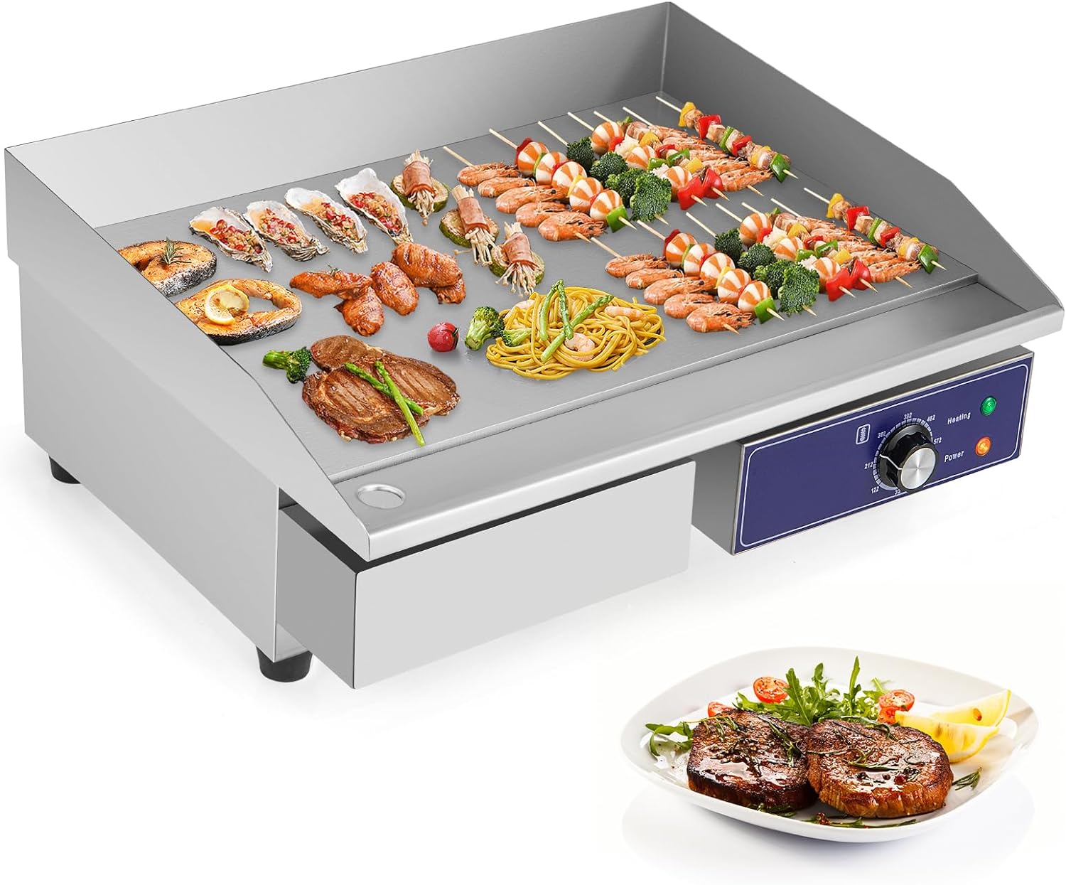 Commercial Griddle, 22 Electric Griddle 2000W, Cast Iron Griddle, Stainless Steel Frame, 122�H-572�H Adjustable Temperature Control, Removable Oil Storage Box, Restaurant Teppanyaki Grill