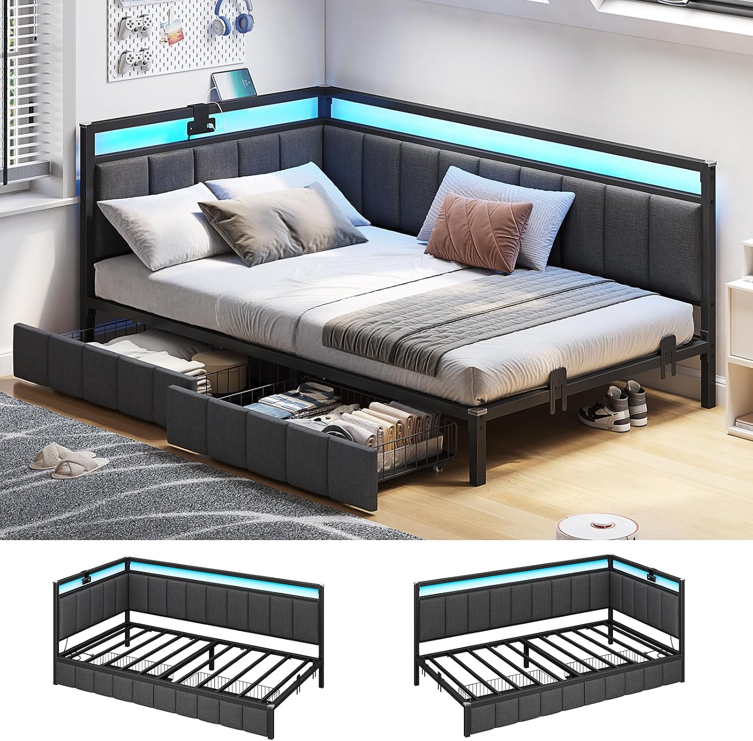 Hasuit Corner Bed Frame with Storage Drawers, Twin Daybed with Line Fabric Upholstered Fence, Kids Bed Unit with LED Light and Charging Station, Modern Bed Frame