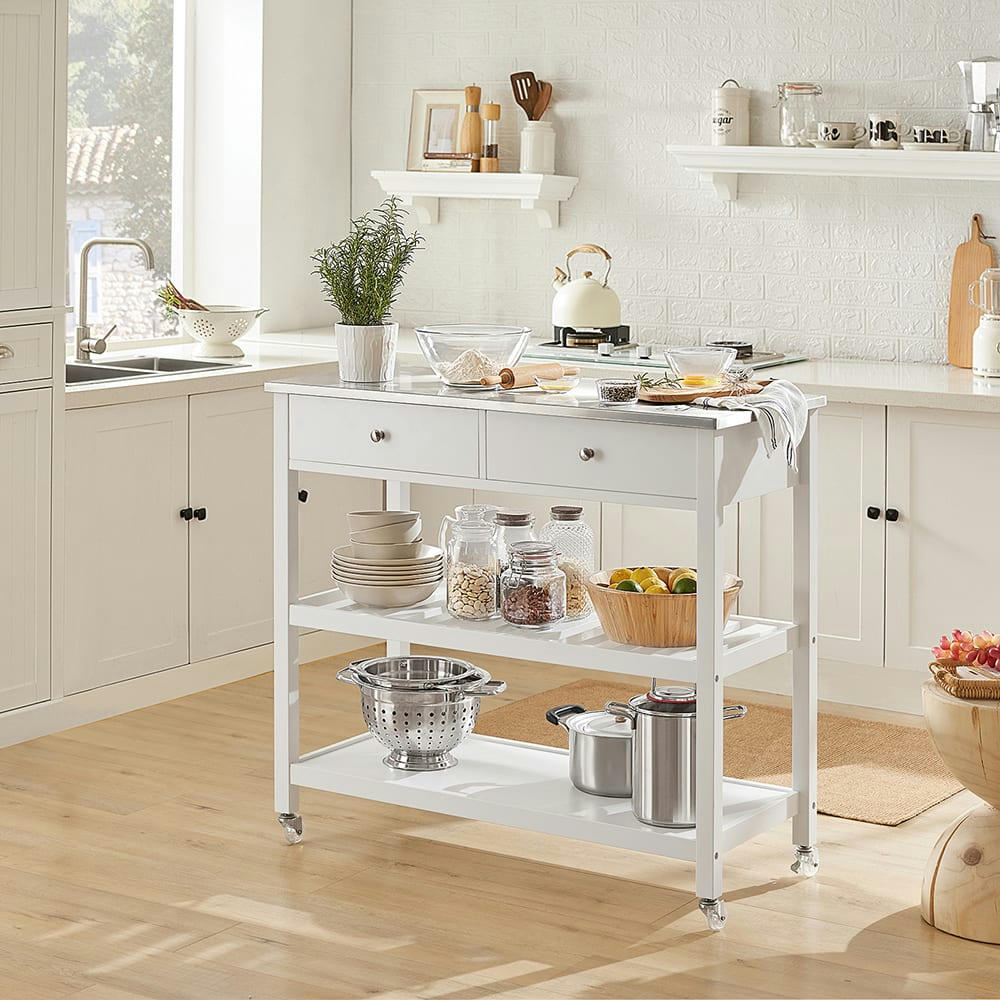 - Desserte effet bois blanc à roulettes 2 tiroirs