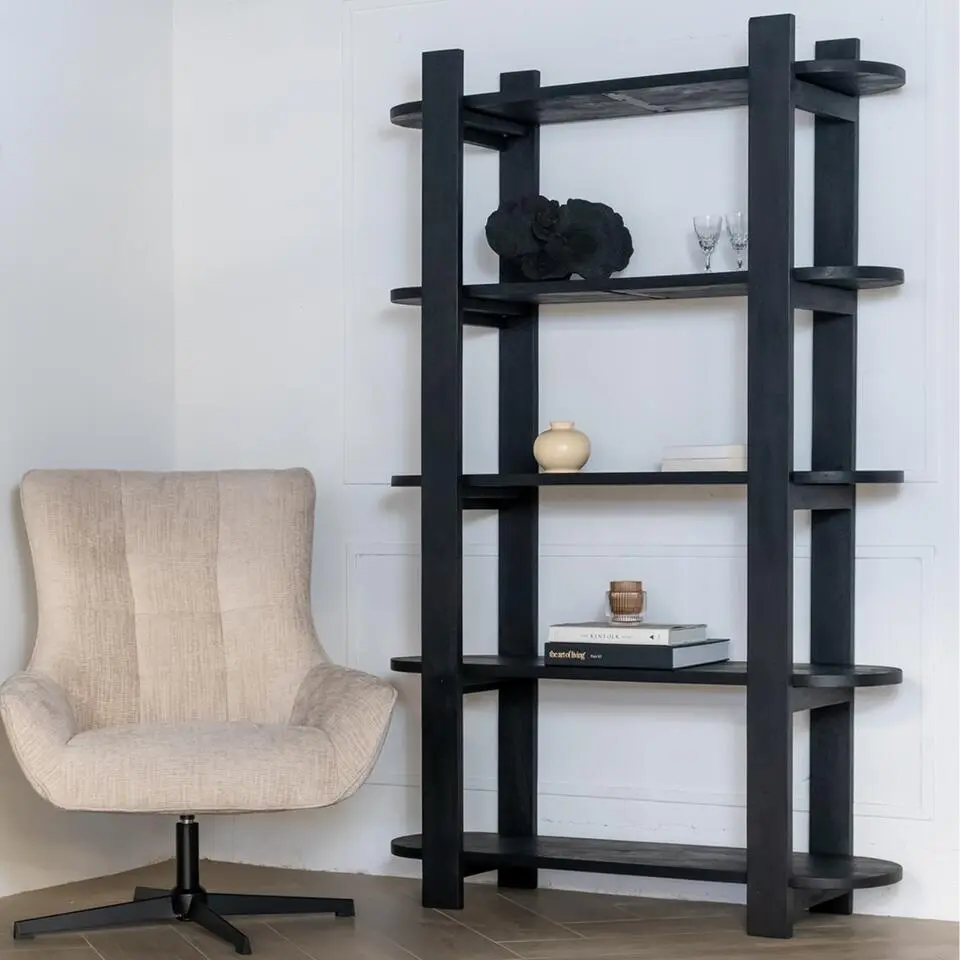 Wandkast Zwart - 160x38x190cm - Mangohout - Kast Luuk