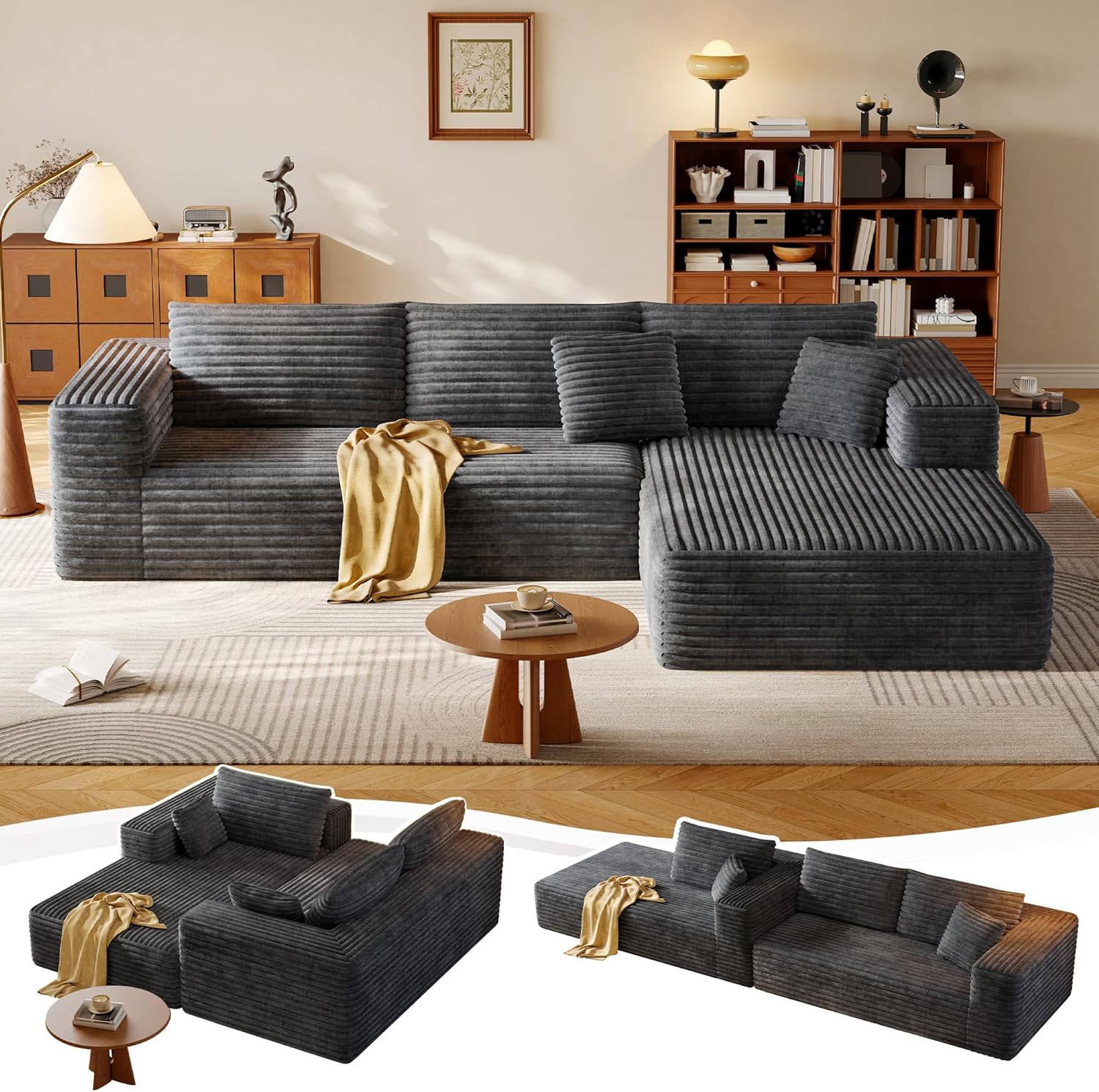 108.2 Modular Sectional Sofa with Deep Seat, Boneless L Shaped Corduroy Couch Modern Comfort, Cloud Couch Oversized for Living Room No Assembly (Right Facing Chaise,Gray)