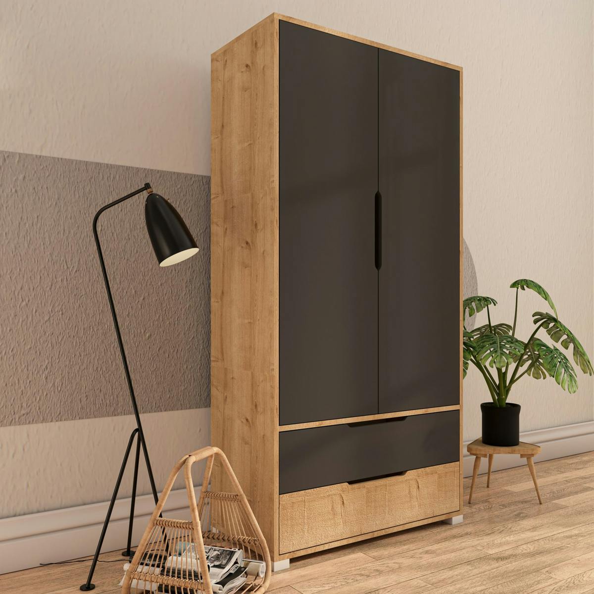 Armoire penderie 2 portes anthracite et effet bois BYRON