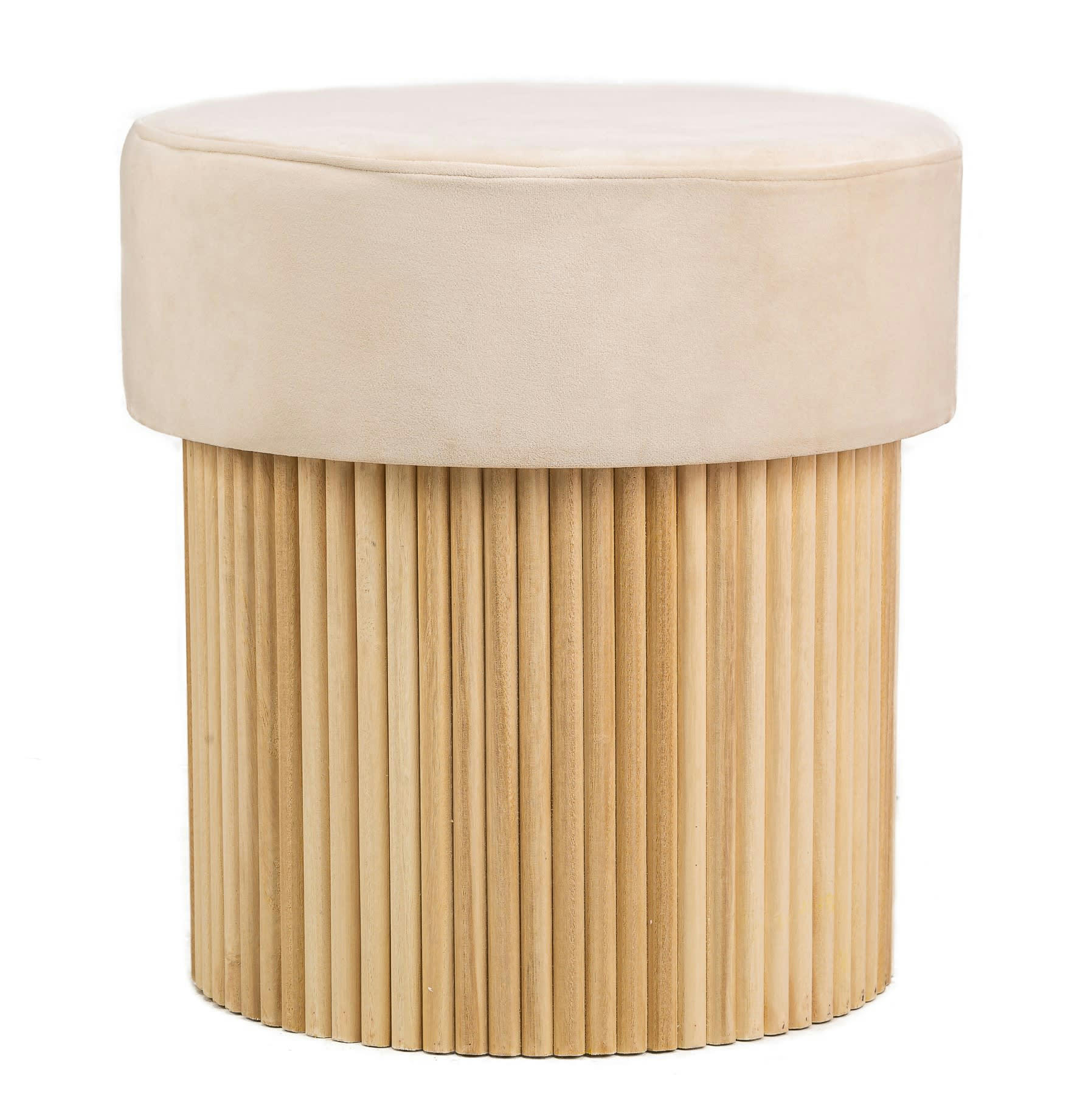 - Pouf en velours beige et base en bois
