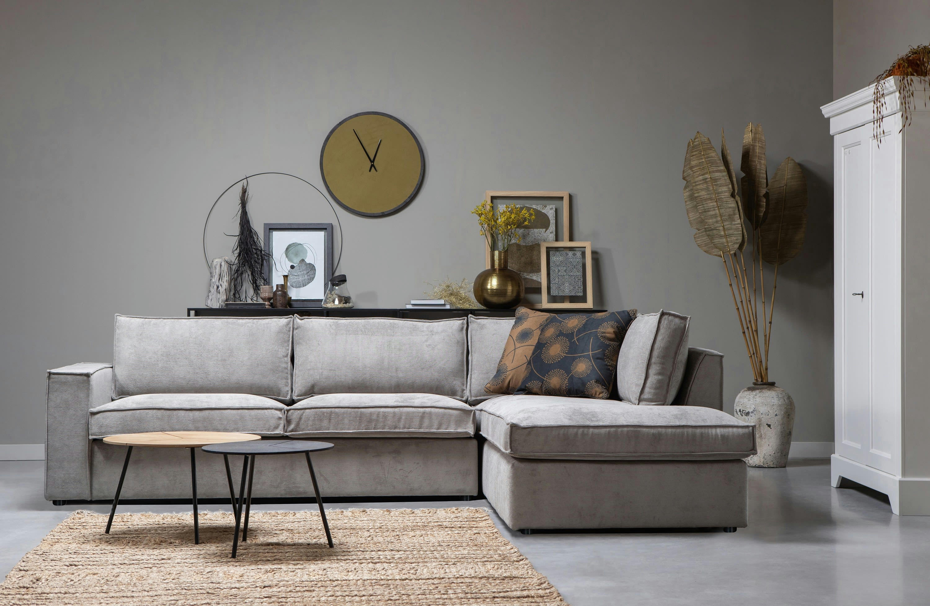 THOMAS - Canapé d'angle droit 3 places en velour côtelé gris