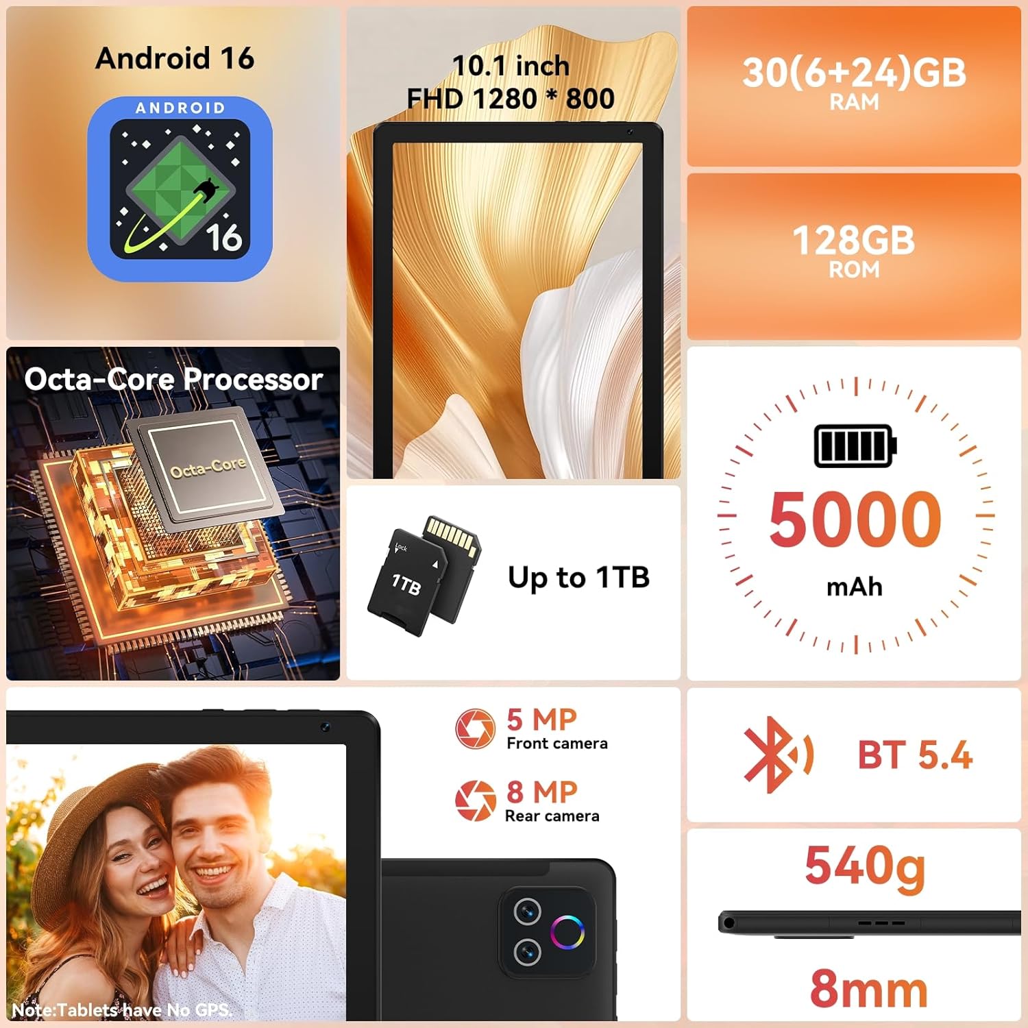 URAO Tablet,10.1 Android Tablet with Octa-core Processor 30GB RAM 128GB ROM HD IPS Touchscreen 8H Battery, Wi-Fi 6, BT 5.4, Dual Camera, Android 16 Tablets 2026