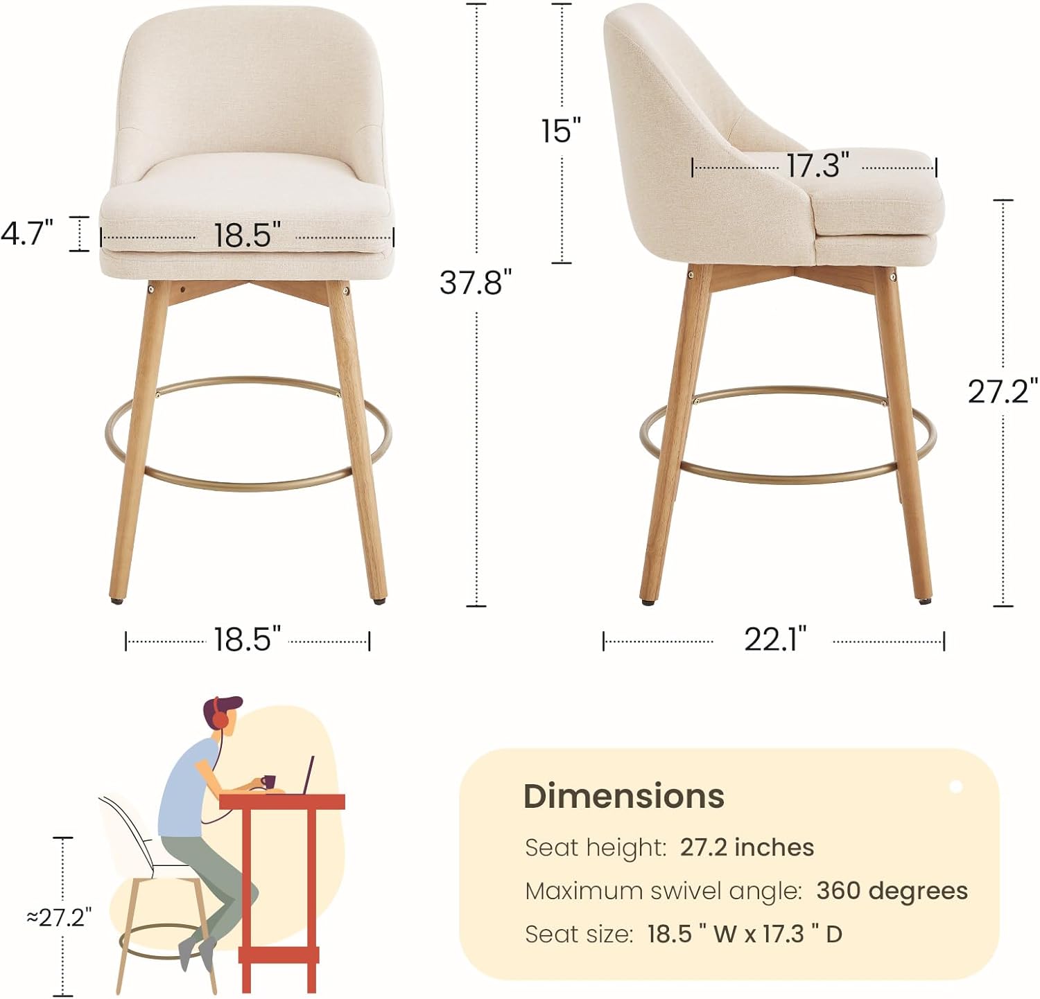 Modern Bar Stools Set of 2,Swivel Counter Height Bar Stools with Soft Upholstered Back,Thick Seat,Wooden Legs, 27 Counter Stools for Kitchen Island (Sand, 2 Pieces - 27 Counter Height)