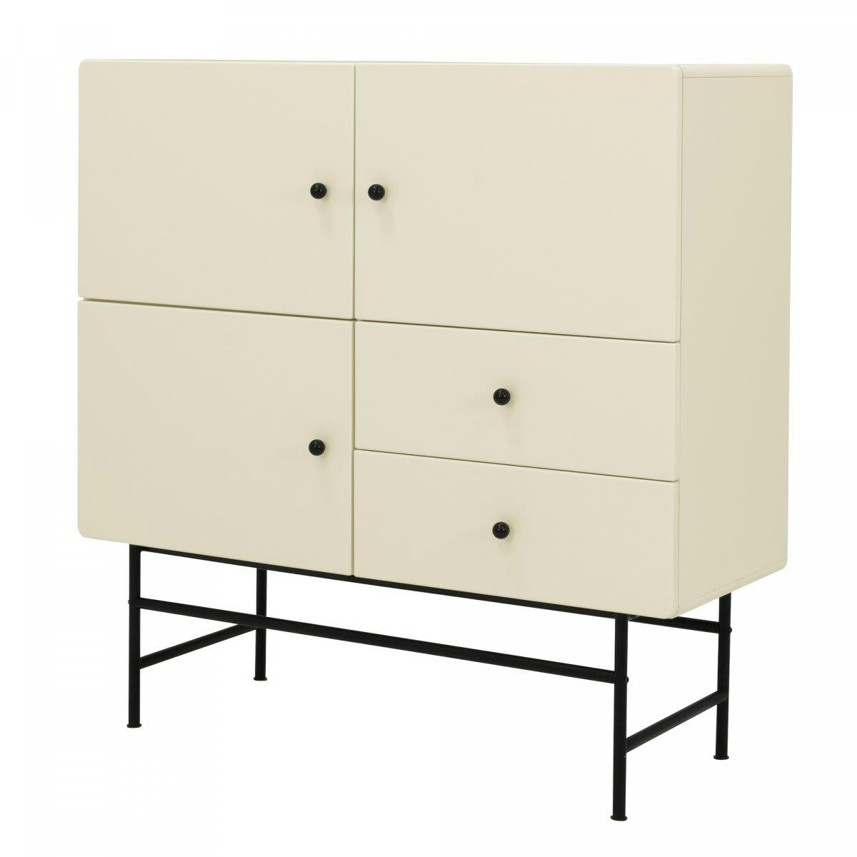 CHUCK - Buffet haut moderne en bois et métal 3 placards 2 tiroirs beige