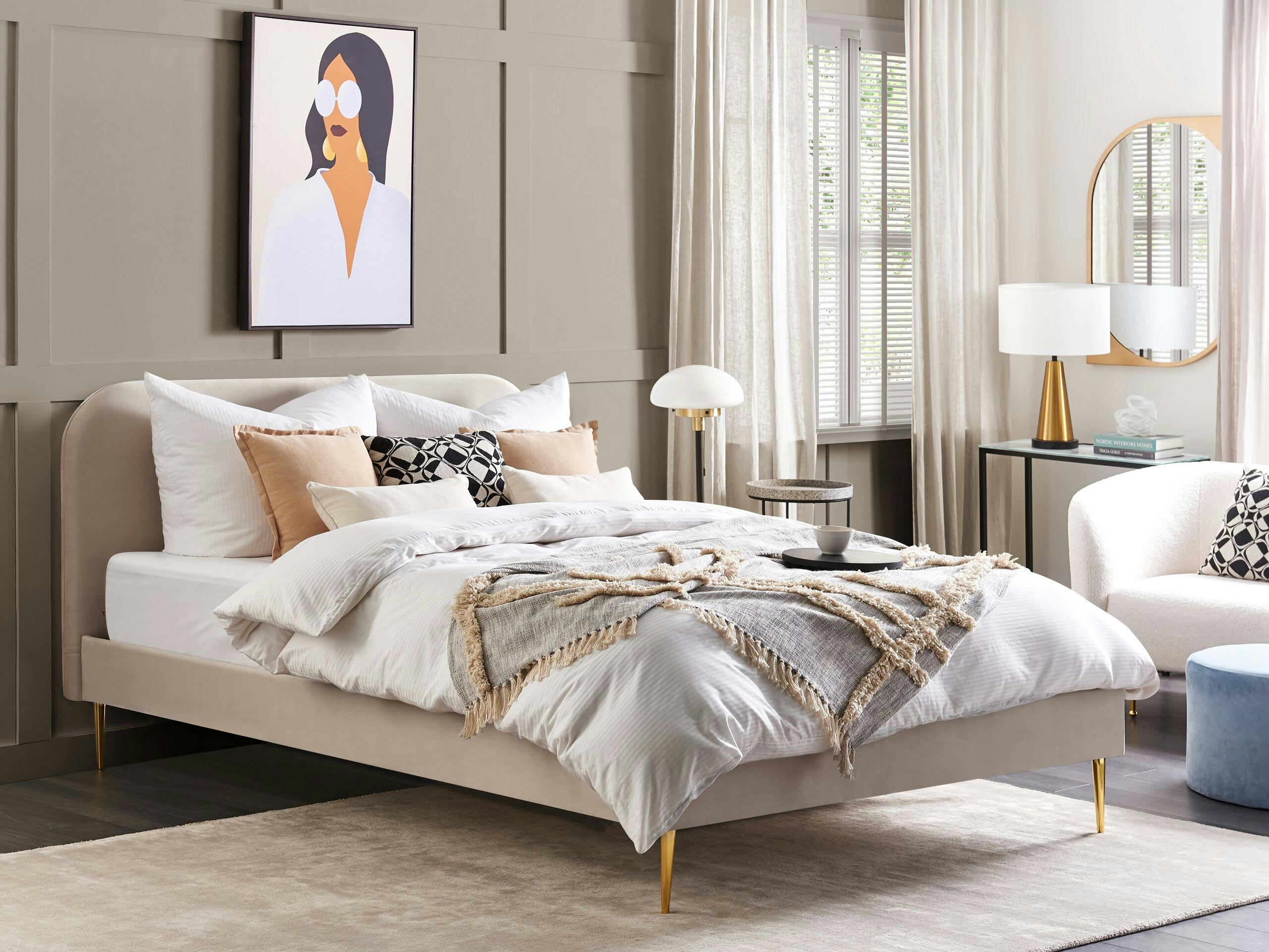 FLAYAT - Lit double en tissu beige 180x200