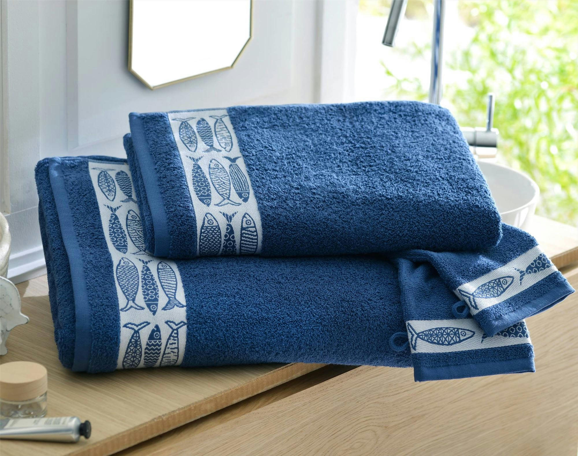 SARDINETTE - Lot de 2 gants de toilette 15x21 bleu en coton 450 g/m²