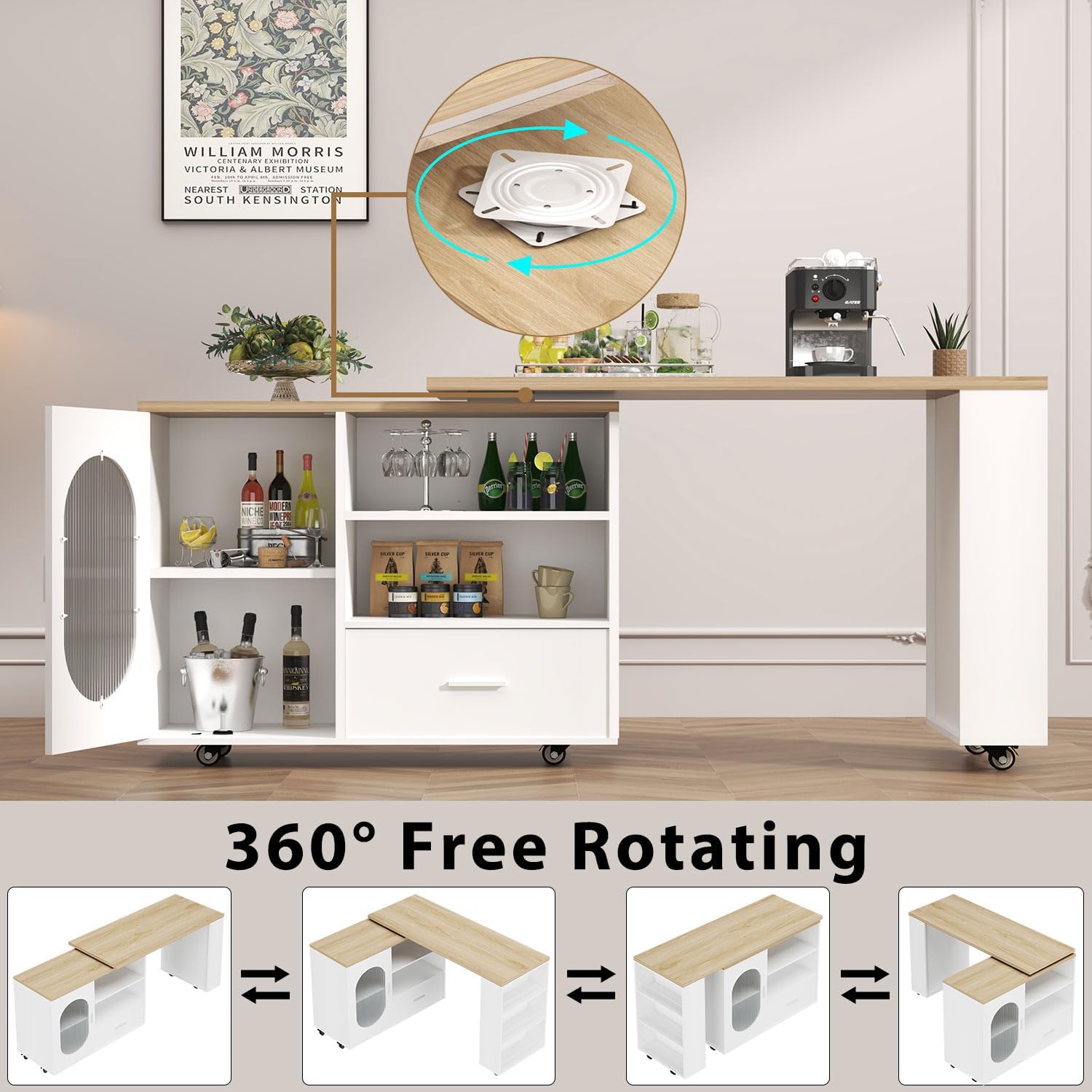 HSH 72.4” Rolling Kitchen Island with Swivel Table, Storage Cabinet, Drawers & Shelves, White Modern Mobile Island Cart on Wheels, Farmhouse Wood Island Table for Kitchen, Dining Room, Home Bar