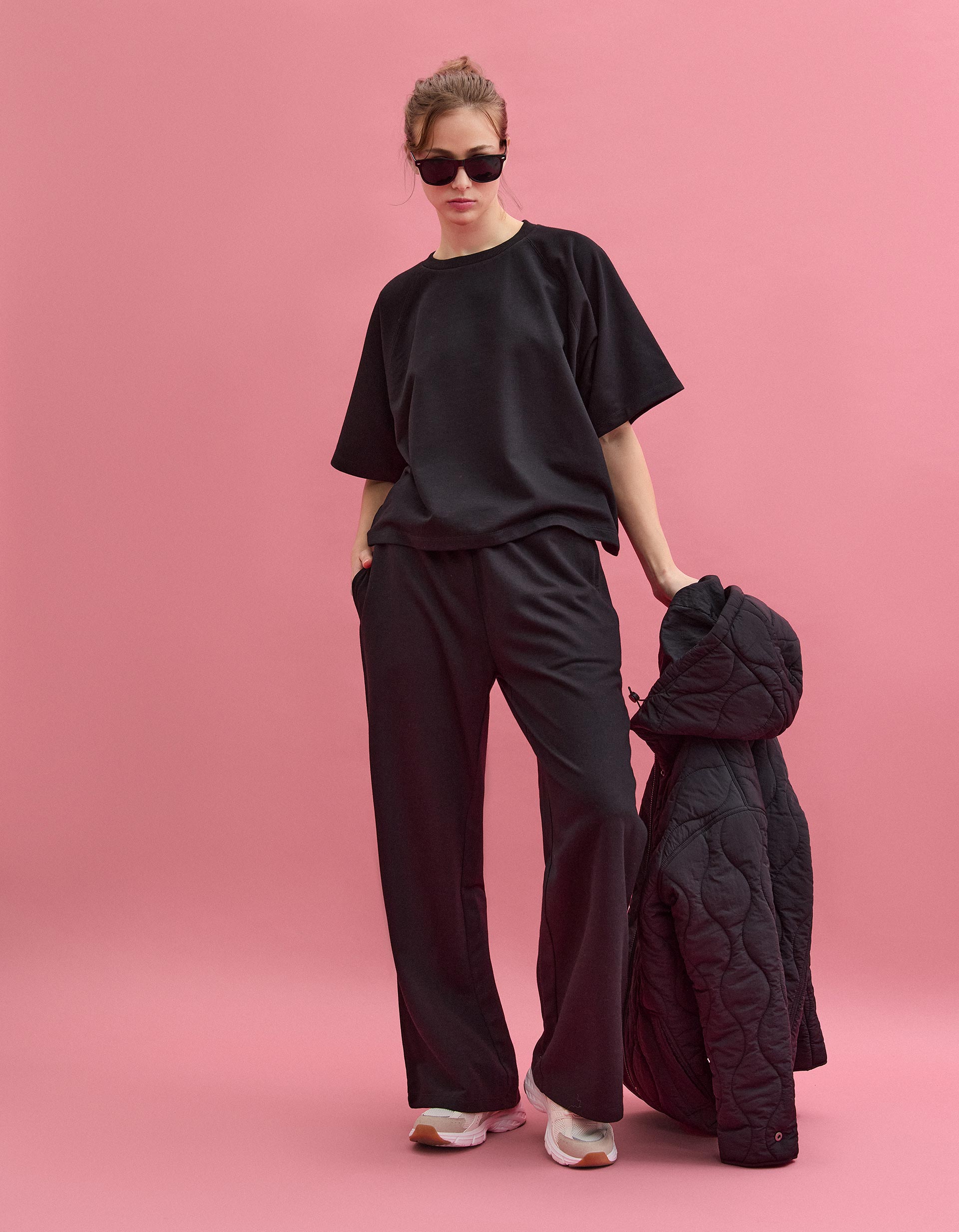 Calças Jogging 'Wide Leg', Mulher, Preto