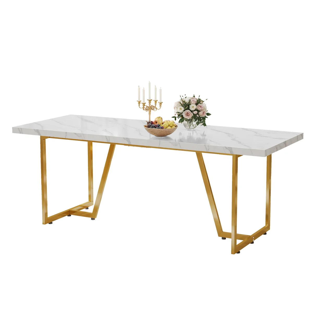 Moasis 82'' Large Dining Table for 6-8 People with Faux Marble Tabletop and Metal Legs