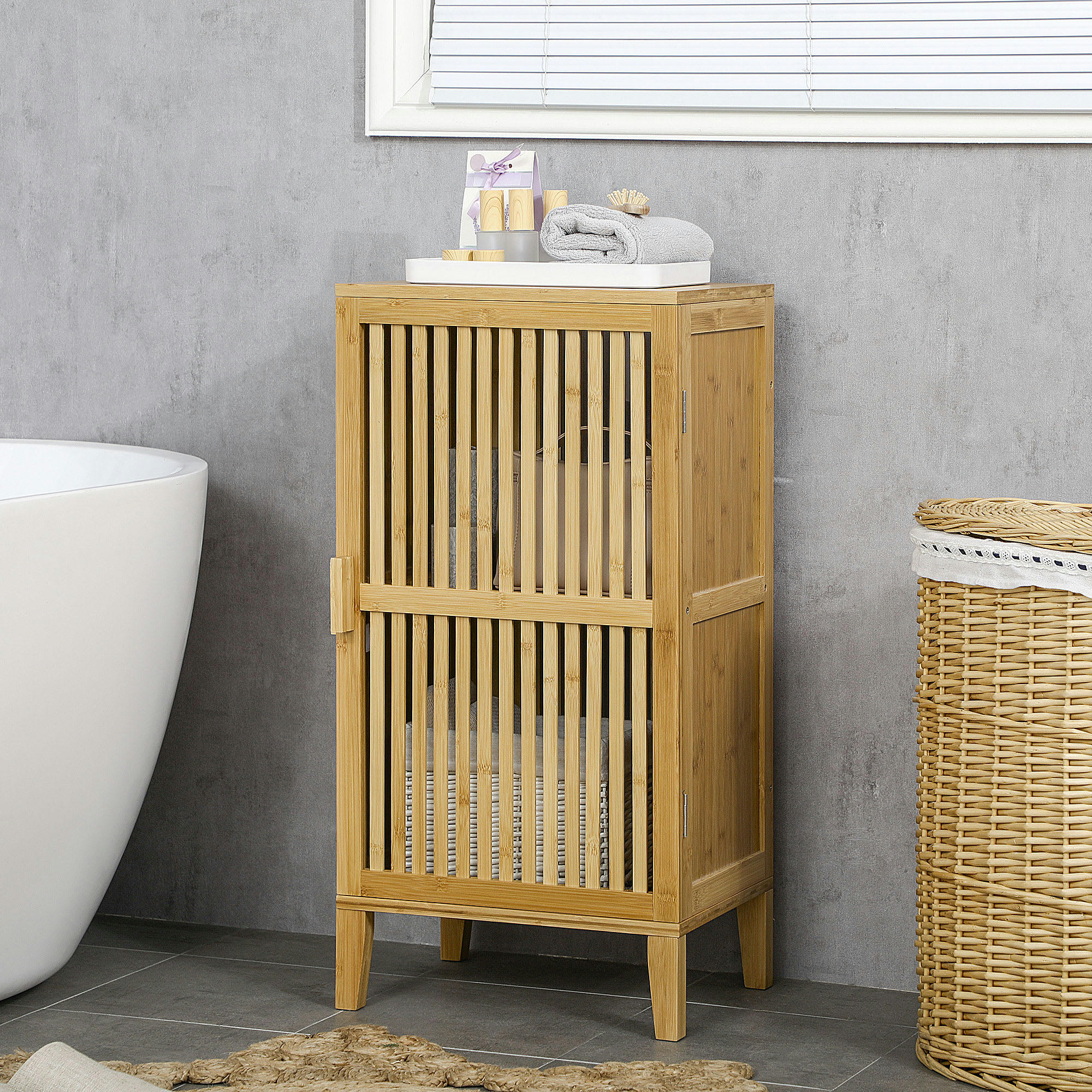 - Rangement porte 2 niveaux étagère façade à lattes bois de bambou verni