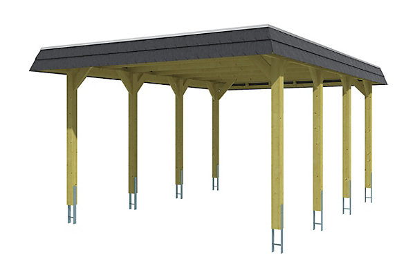 Carport SKAN HOLZ Spreewald 396x589cm, toit en aluminium, bandeau noir, bois résineux imprégné vert