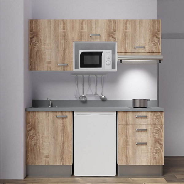 Kitchenette K20 - 180 cm - façades Bois - Plan monobloc en quartz coloris Cromo évier à gauche