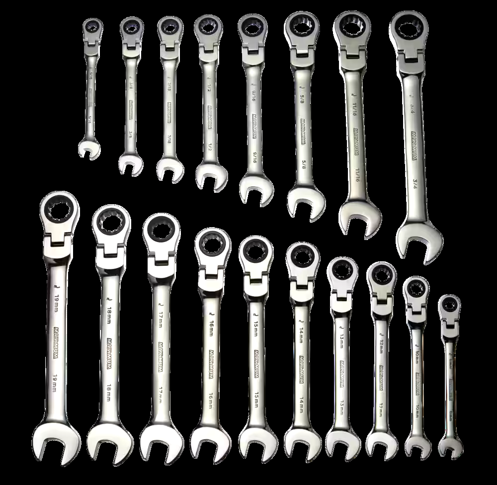 MAXIMUM Flexhead Wrench Set, SAE/Metric, Nickel-Chrome Plating, 18-pc