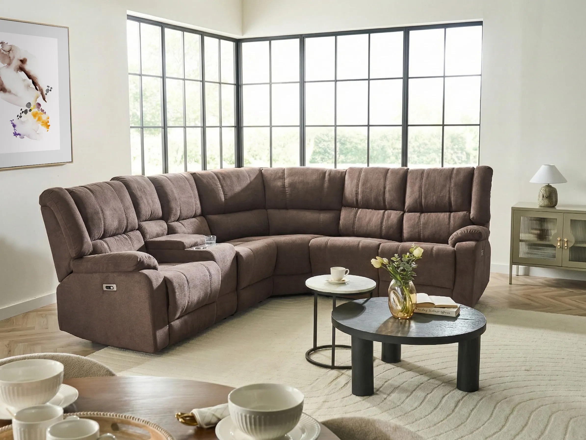 Electric Recliner Corner Sofa 5 Seater ROKKE Fabric Brown with USB Port Left Hand