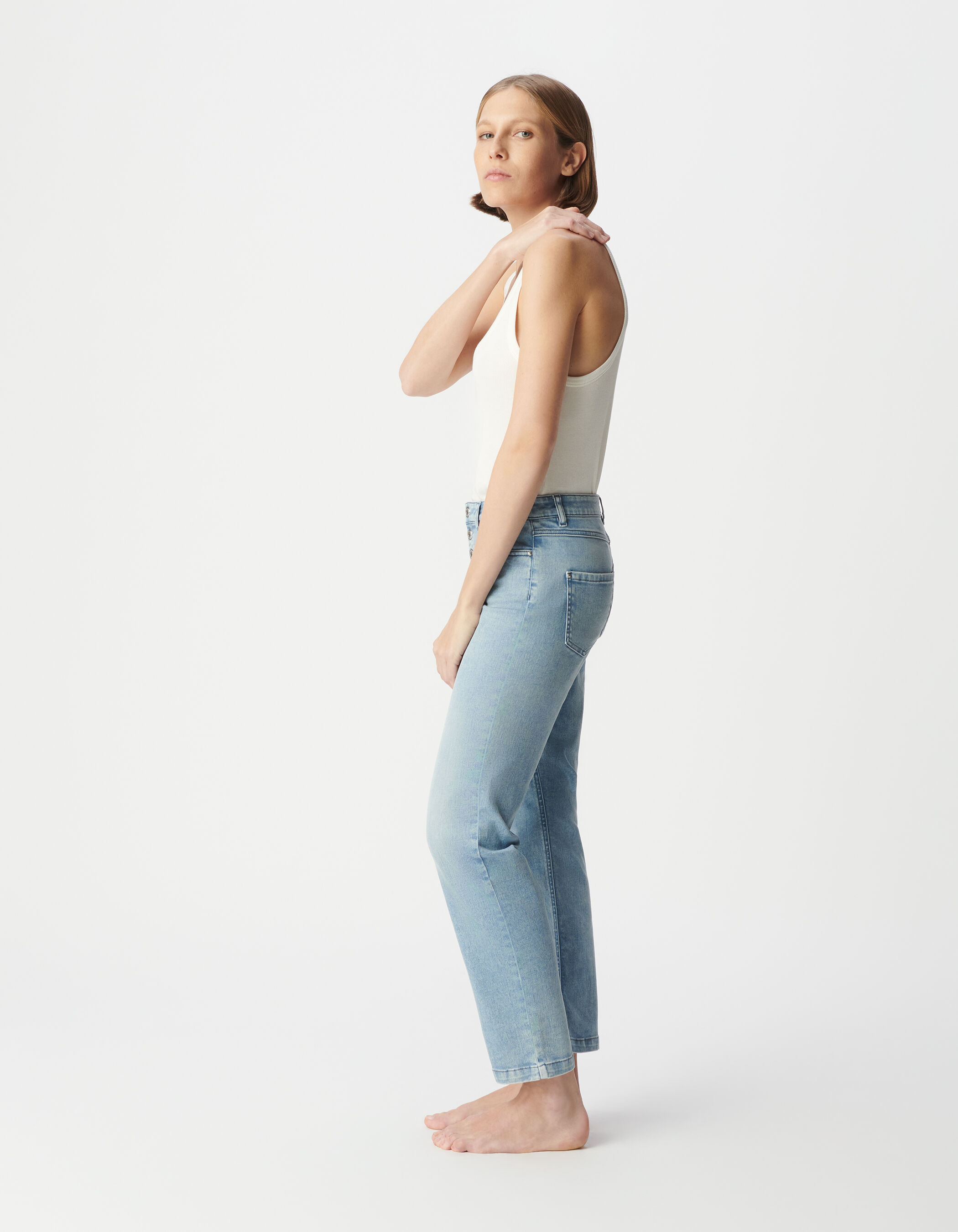 Jean bleu clair cropped boutons apparents powerstretch Femme