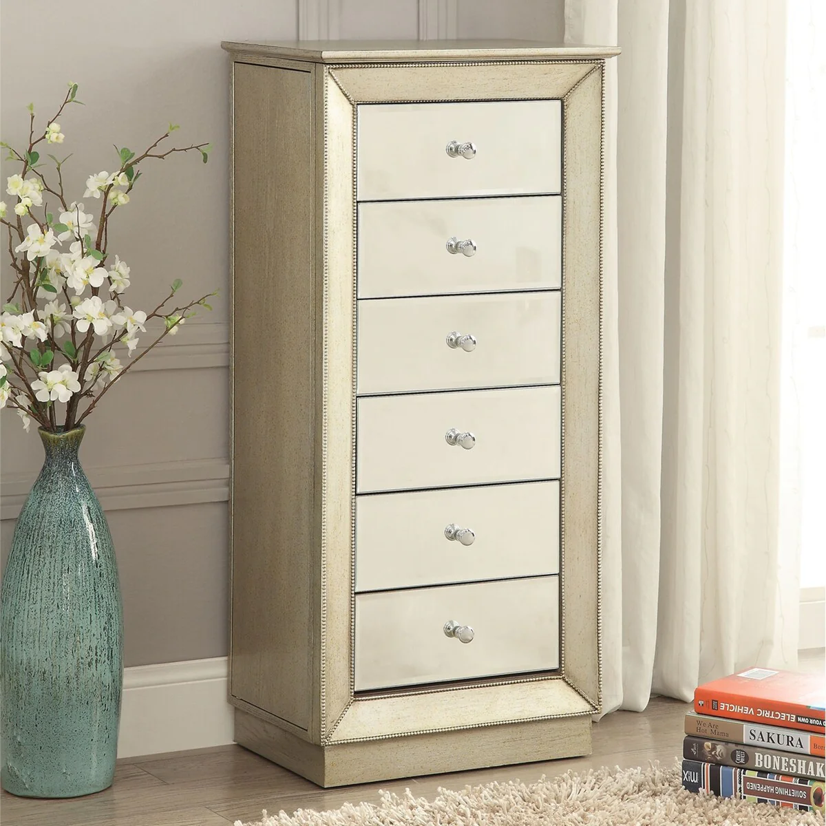 Wood Jewelry Armoire with 6 Drawers in Antique Gold