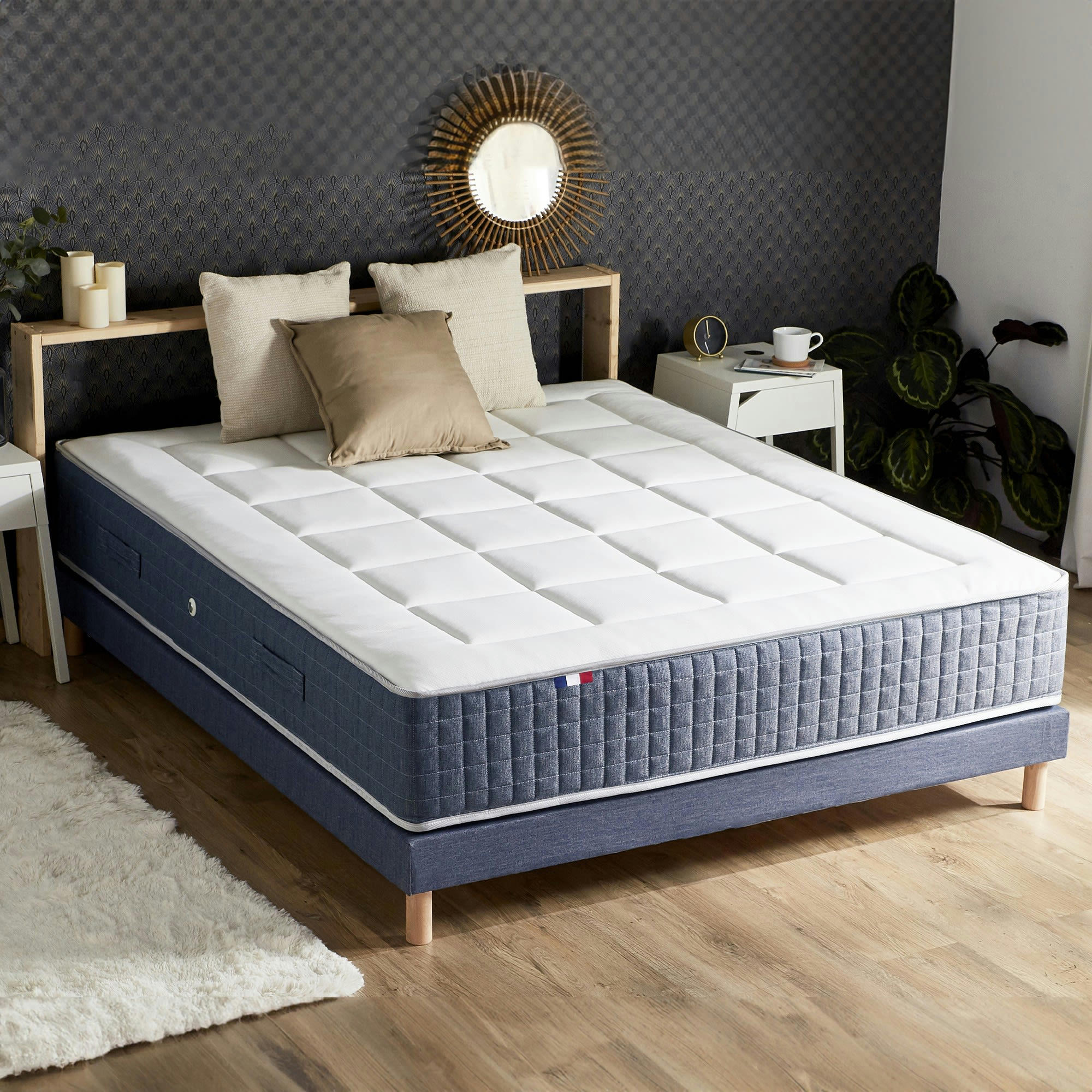 - Pack matelas 7 zones sommier bleu couette oreillers 140x190