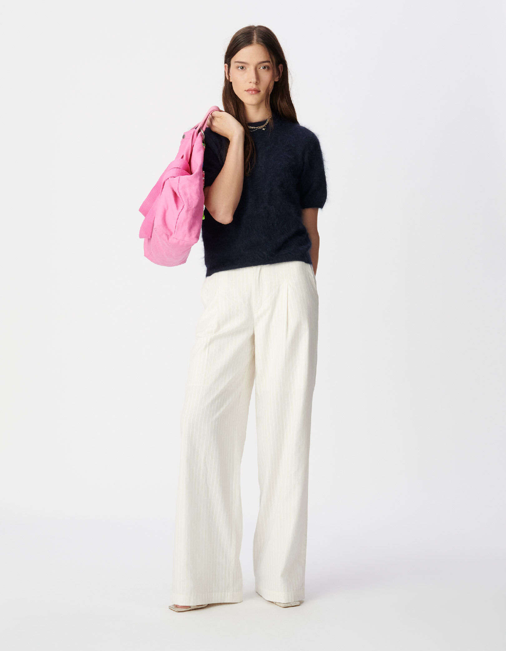 Pantalon de tailleur large blanc motif rayures Femme