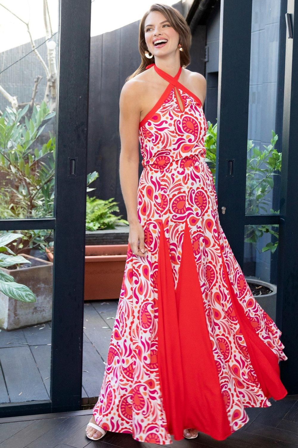 Hot Squash Halter Neck Maxi Dress with Contrast Panels