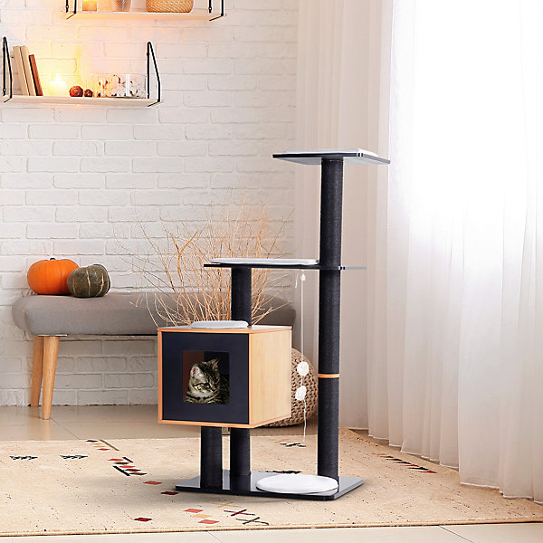 Arbre à chat design contemporain H.120cm griffoirs grattoirs sisal naturel niche plateformes boules suspendues noir hêtre