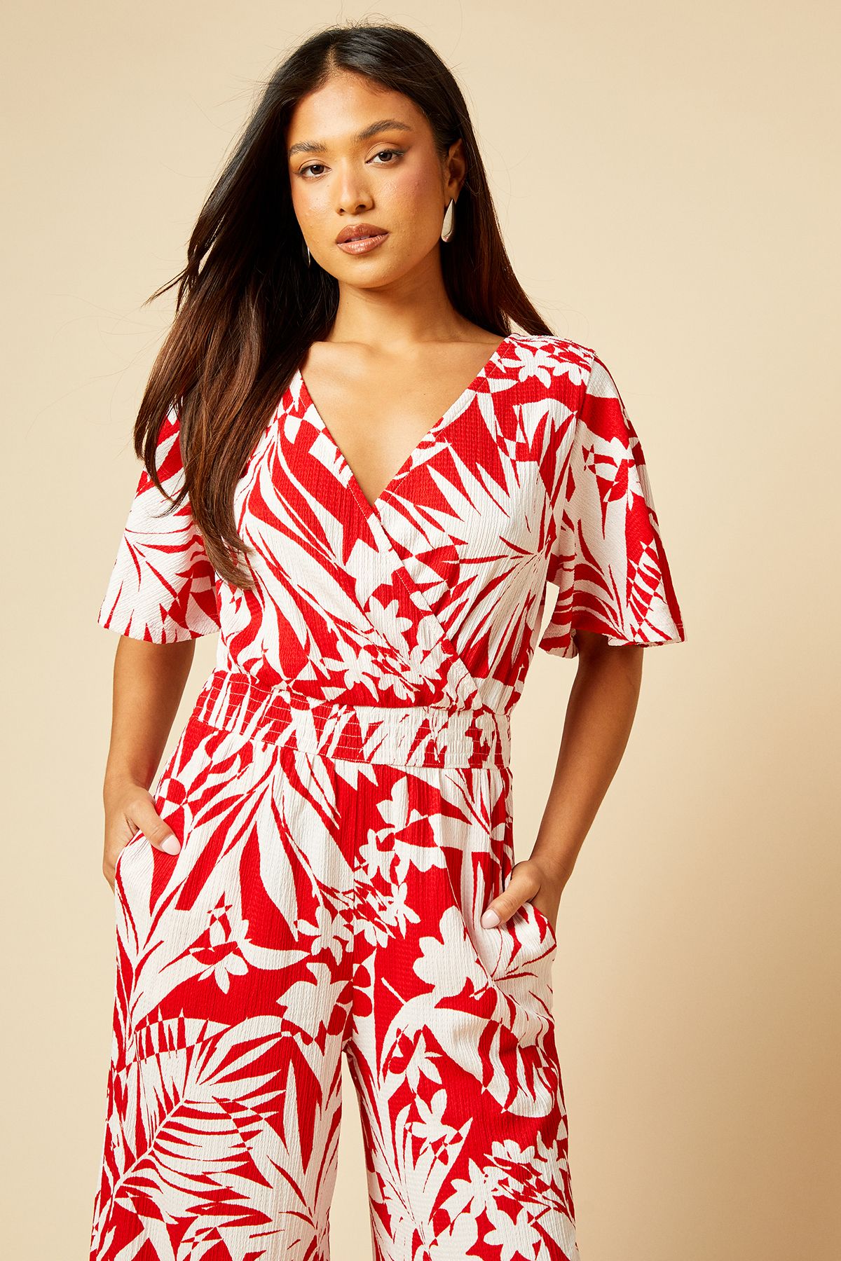 Dorothy Perkins Petite Palm Print Wrap Front Angel Sleeve Jersey Jumpsuit