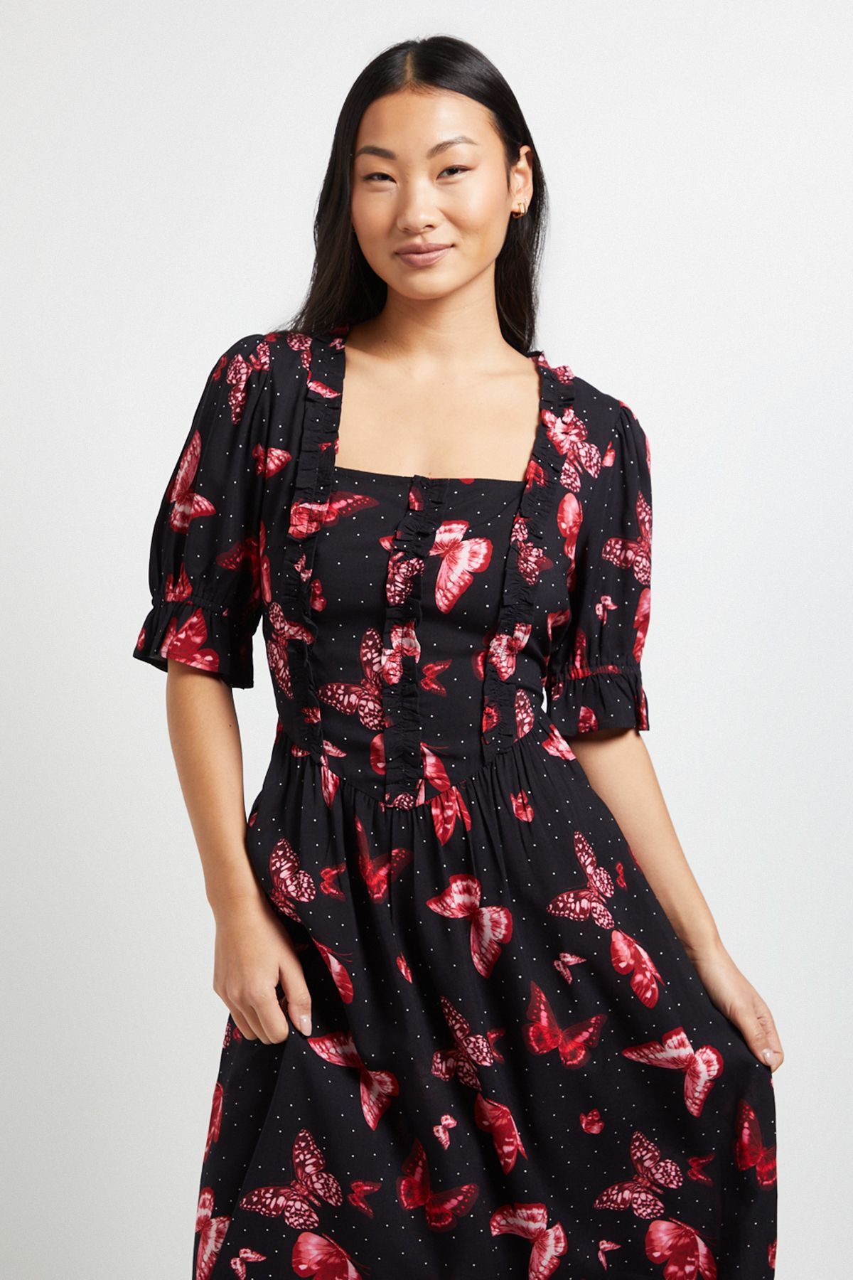Dorothy Perkins Petite Square Neck Frill Detail Puff Sleeve Midi Dress