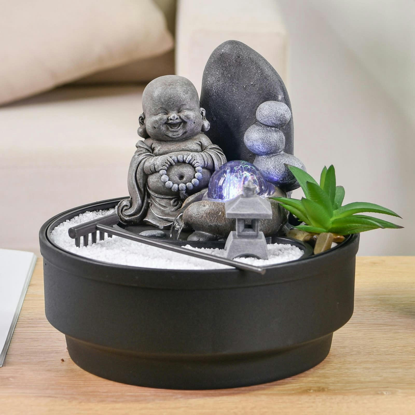 SIKHI - Fontaine d'intérieur jardin zen résine grise avec boule verre - H21cm