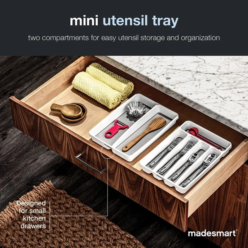 Mini 2 -Compartments Plastic Utensil Tray for Drawers Organizer, White