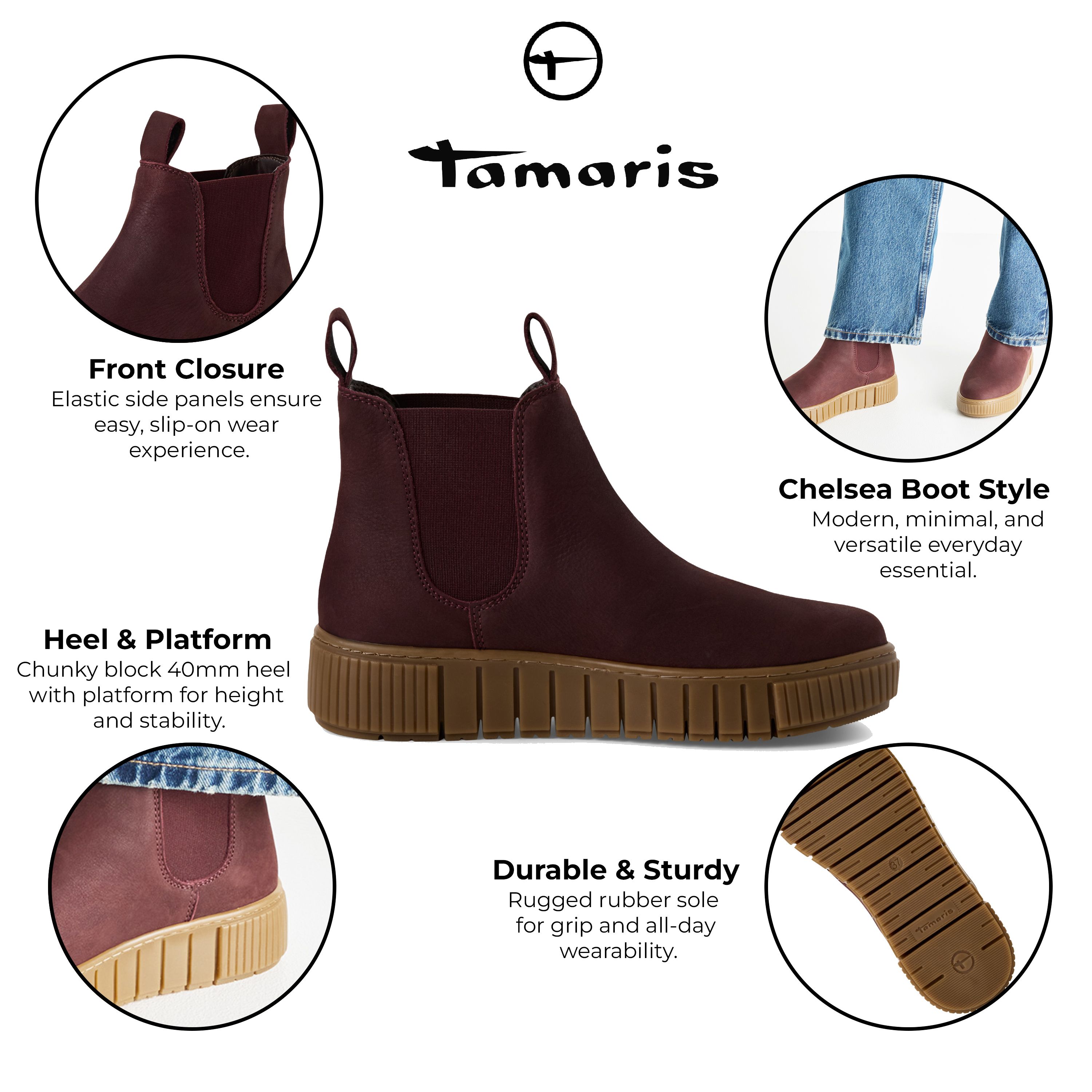 Infinity Leather Tamaris Bordeaux Leather Chelsea Ankle Boots