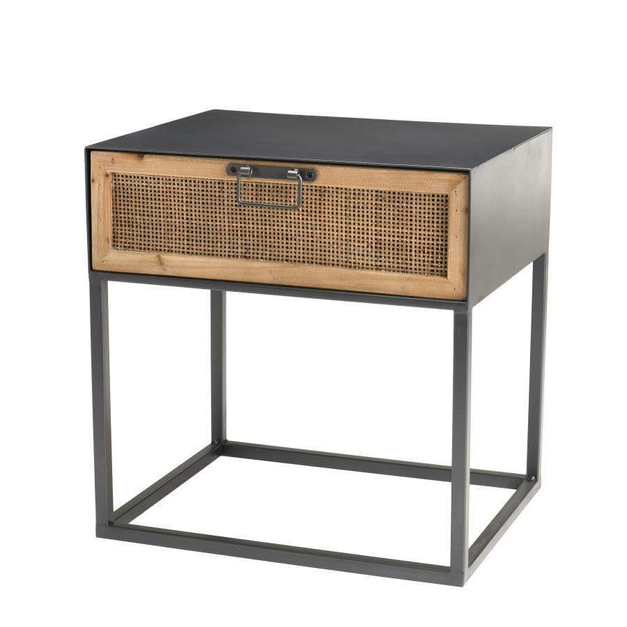 DORIANE - Chevet en métal noir 1 tiroir cannage couleur naturelle