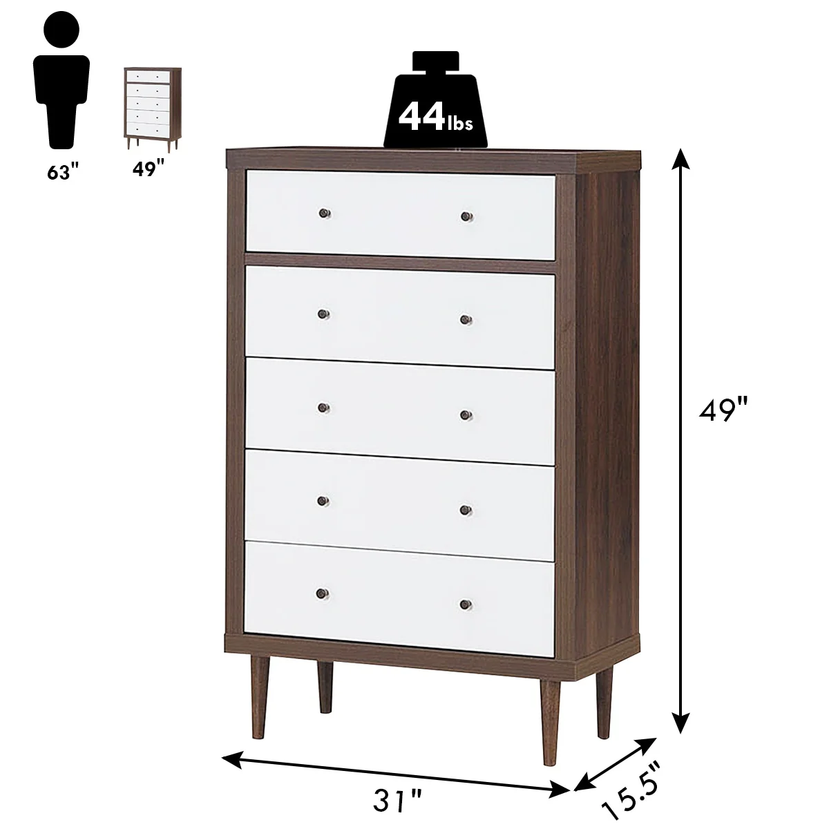 Costway 5 Drawer Dresser Wood Chest of Drawers Storage Freestanding
