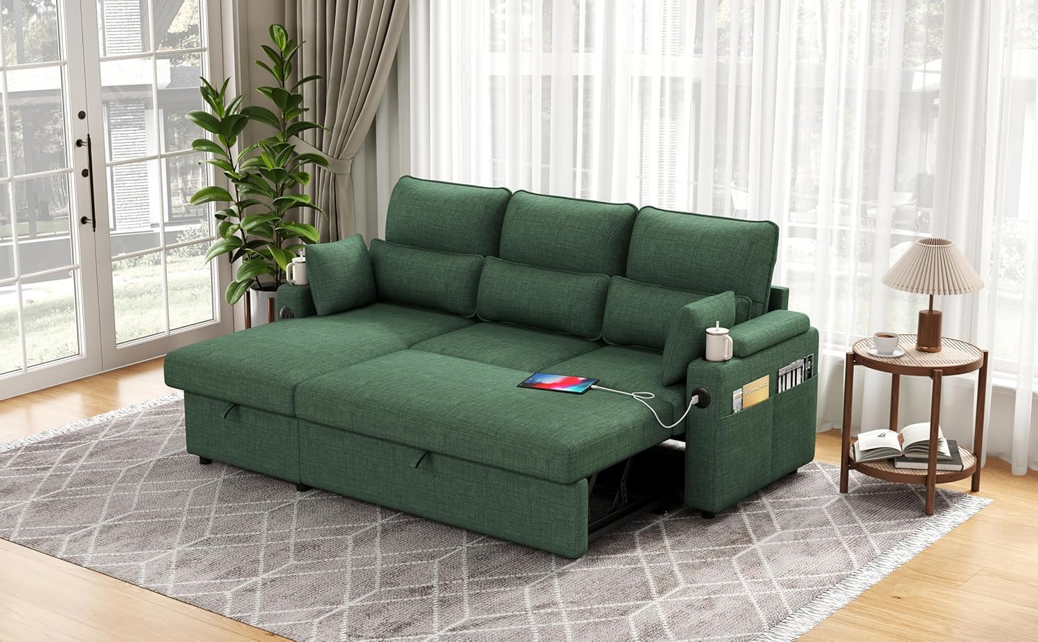 Sectional Sleeper Sofa with Pull Out Couch Bed, with Storage Chaise for Living Room, Comfy Linen Modular Sectional Sofa with Dual USB & Type-C, Cup Holders (Green, 81 Inches)