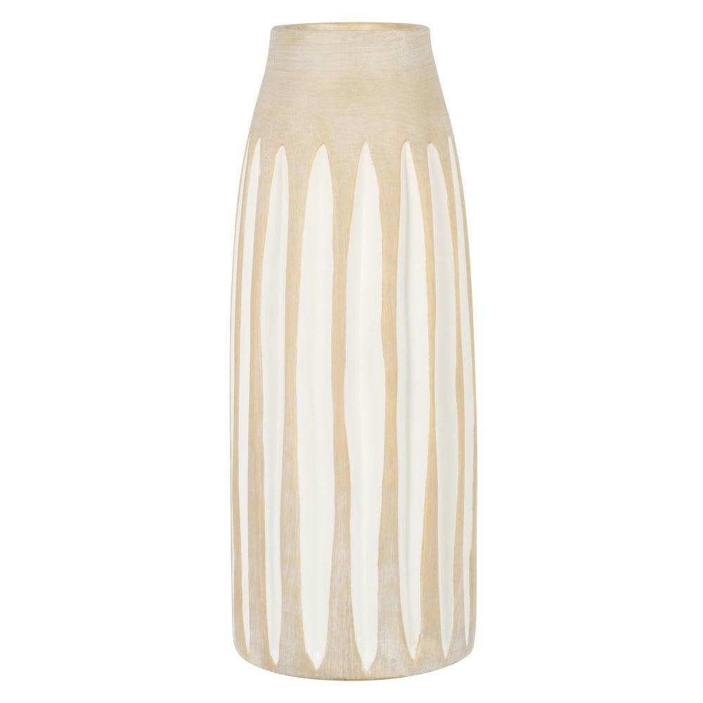 - Vase en grès beige et lignes verticales blanches H33