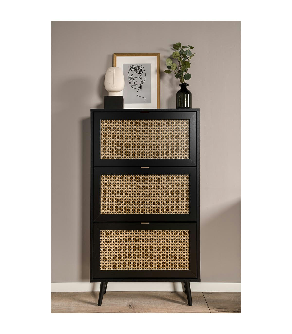 VILLA - Meuble à chaussures 3 abattants impression cannage et noir - L70 cm